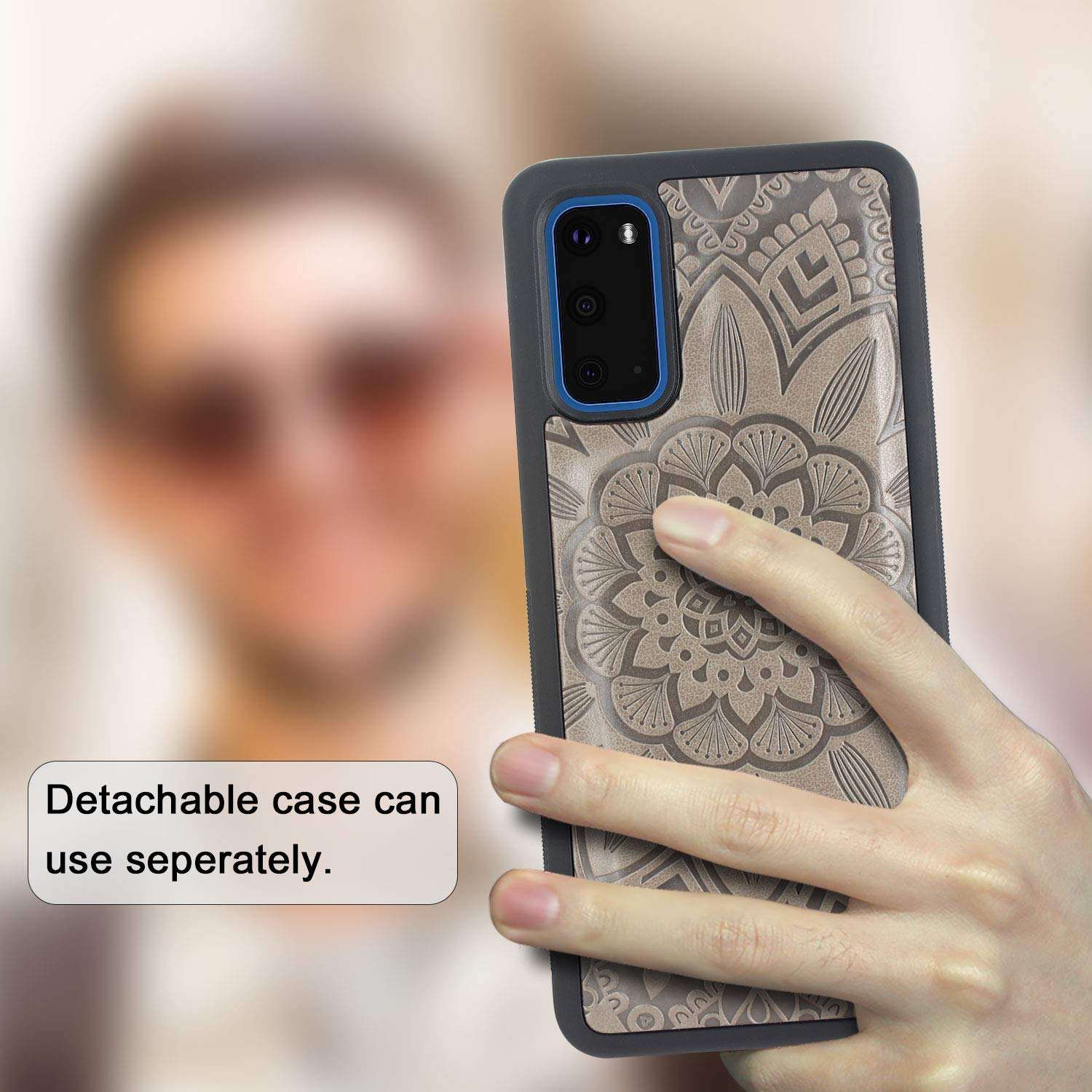 Harryshell Detachable Magnetic 12 Card Slots Wallet Case Shockproof PU Leather Flip Protective Cover Wrist Strap for Samsung Galaxy S20 6.2 inch (Flower Grey) 6