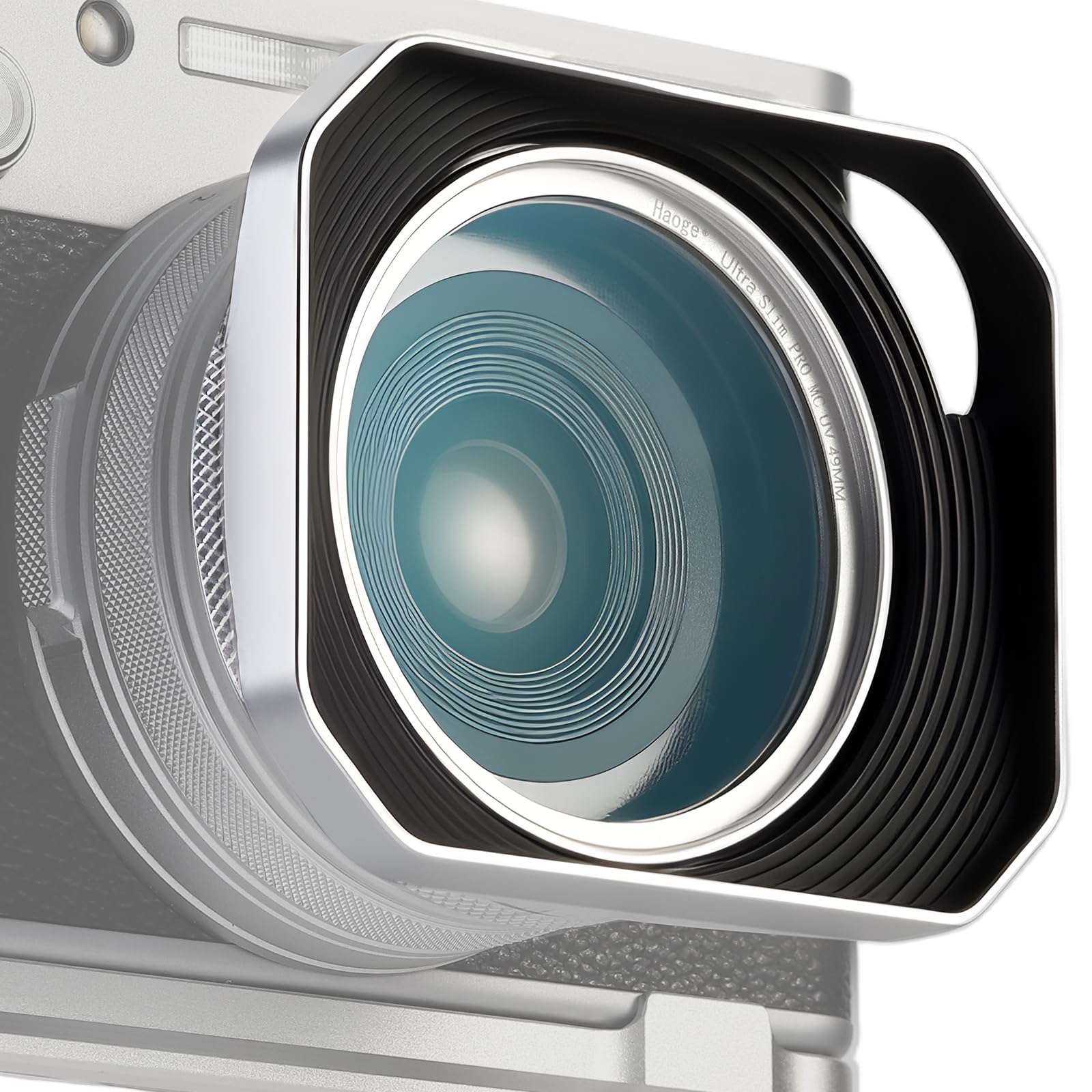 Haoge Square Metal Lens Hood for Fujifilm X100VI X100V X100F X100T X100S X70 Fuji Photo Camera Accessories Silver with 49mm Uv Filter Adapter Ring Hollow Out Designed LH-X1006-PS 1