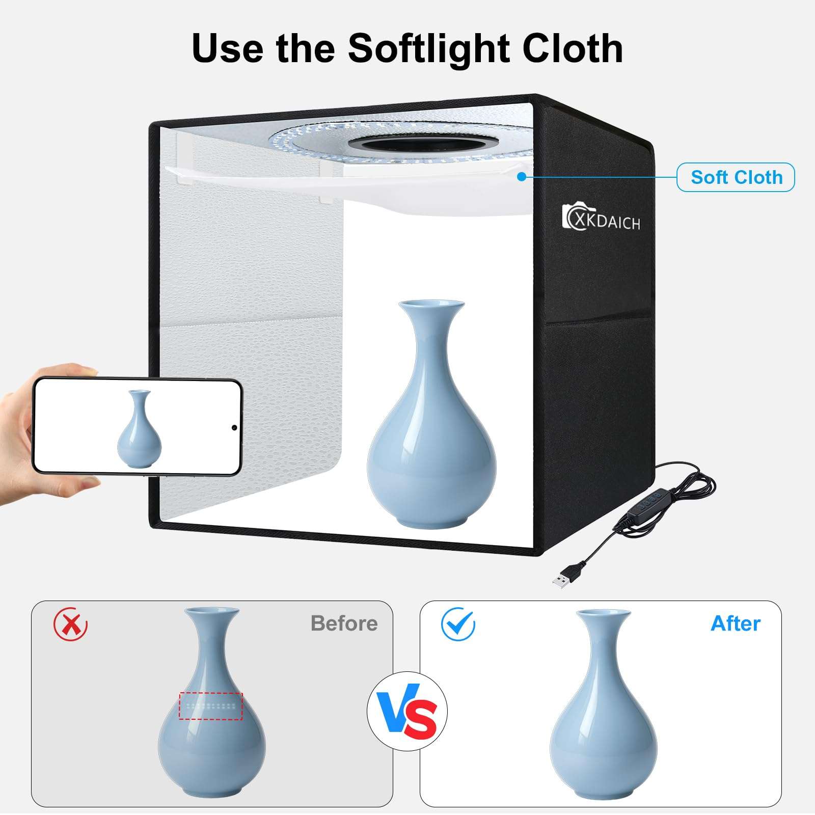 XKDAICH 16x16 Inch Portable Folding Photo Studio Shooting Tent Box with Dimmable Ring Light USB, 3 Color Temperatures & 6 Colors PVC Backdrops for Product Photography, YouTube Videos, Smartphone 6