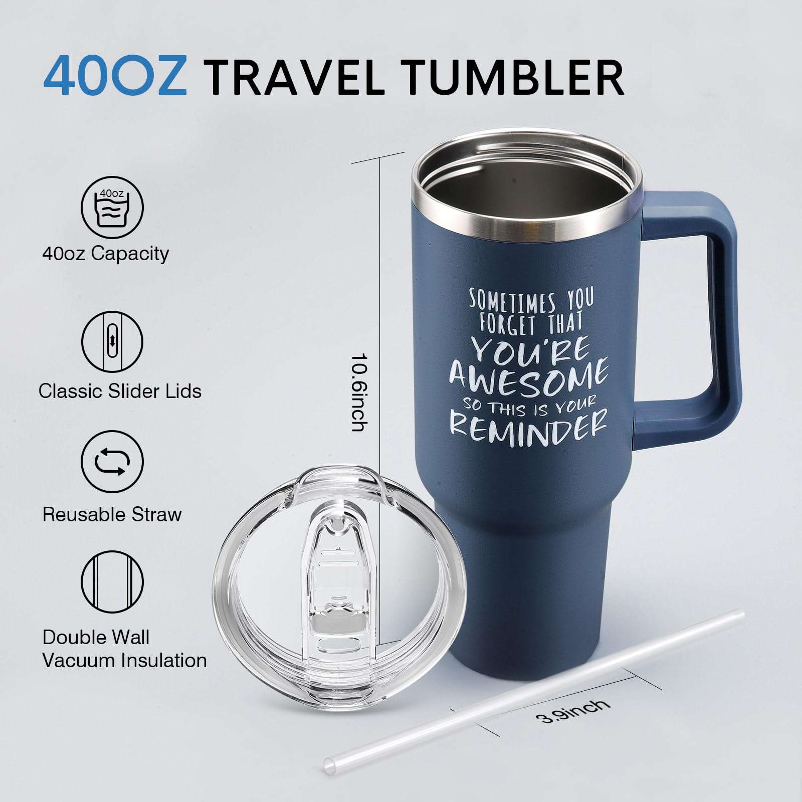 NOWWISH Inspirational Gifts for Men, Sometimes You Forget You're Awesome 40 oz Tumbler with Handle and Straw, Birthday Gifts for Him Husband Dad and Boyfriend - Navy Blue 3