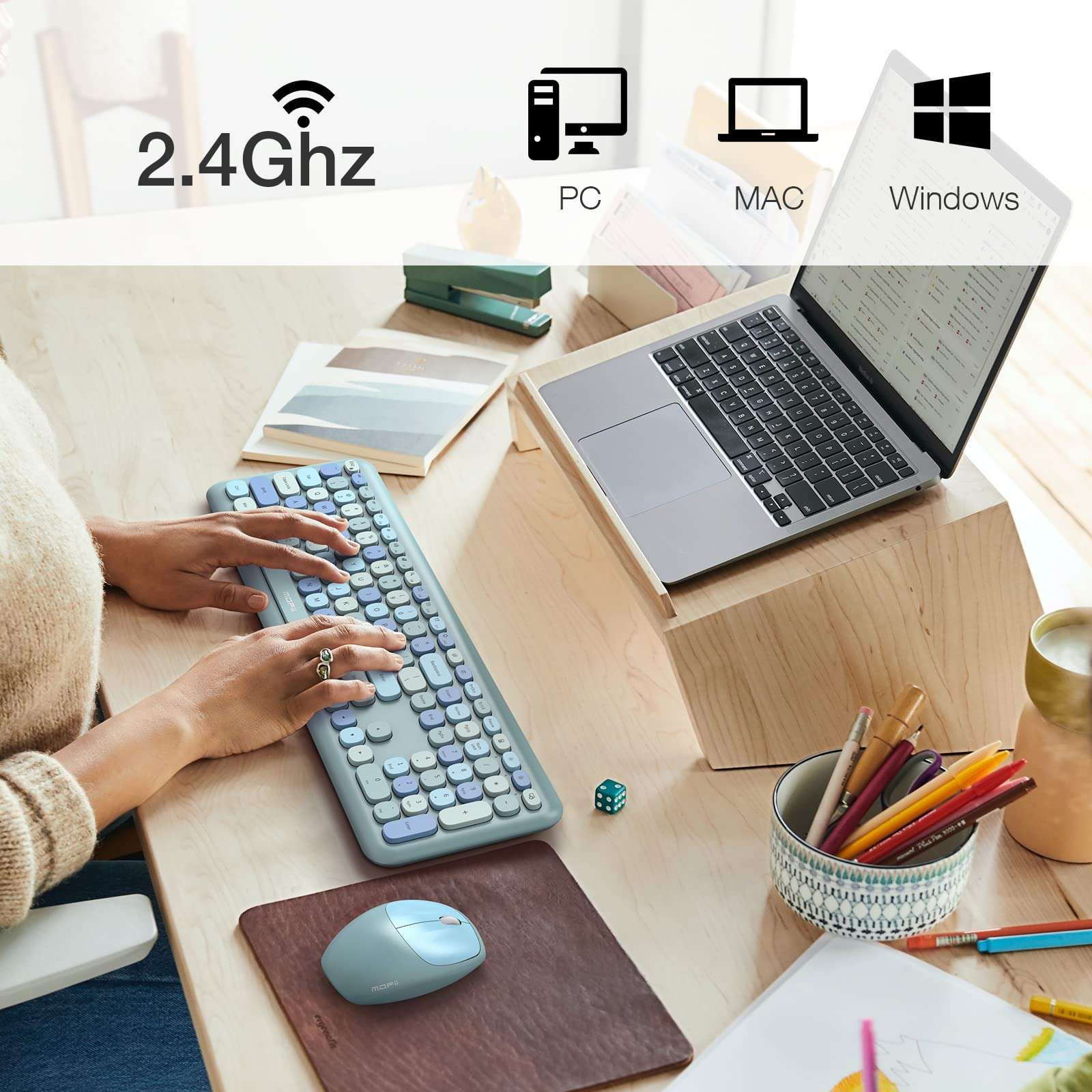 MOFii Wireless Keyboard and Mouse Combo, 2.4G Slim Full-Sized Ergonomic Keyboard Mouse for PC Desktop Laptops Windows (Blue Colorful) 3