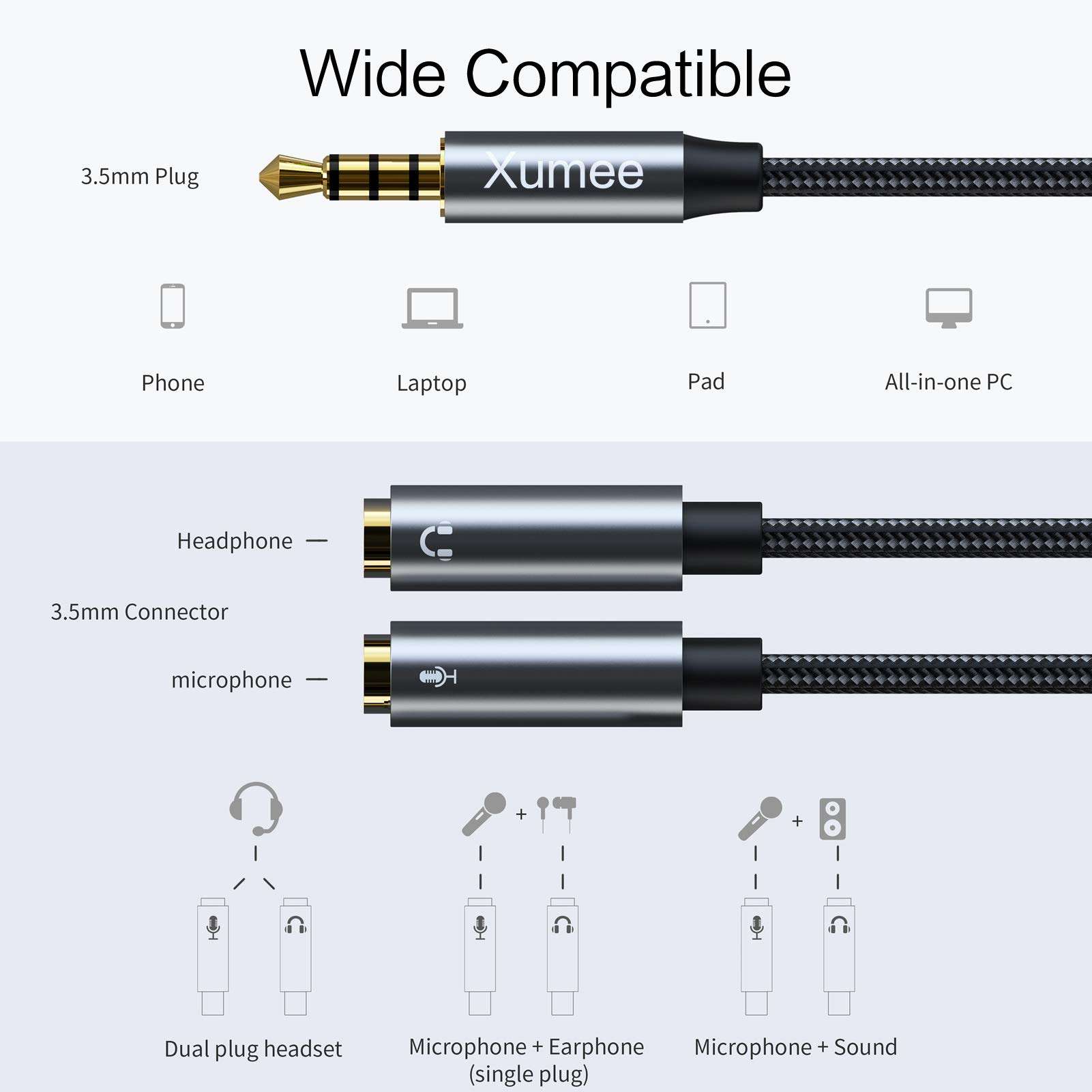 Headset Splitter Adapter 3.5mm Combo Audio Cable for PS4,Xbox One S,Tablet,Mobile Phone,PC Gaming Headsets and New Version Laptop (30CM, Grey) 2