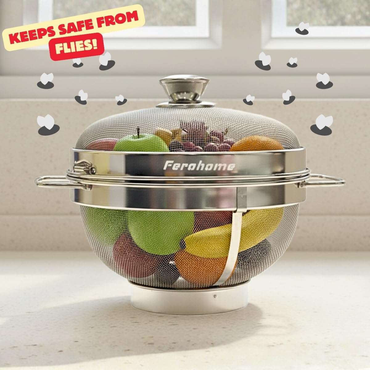 FEROHOME 14 Inch 304 Stainless Steel Fruit Basket with Lid|Includes Free Cleaning Brush and Multi Fiber Cloth|Fruit Storage Organizer for Kitchen & Dining|Fruit Bowls for Fruits,Vegetables,Bread (XXL) 5