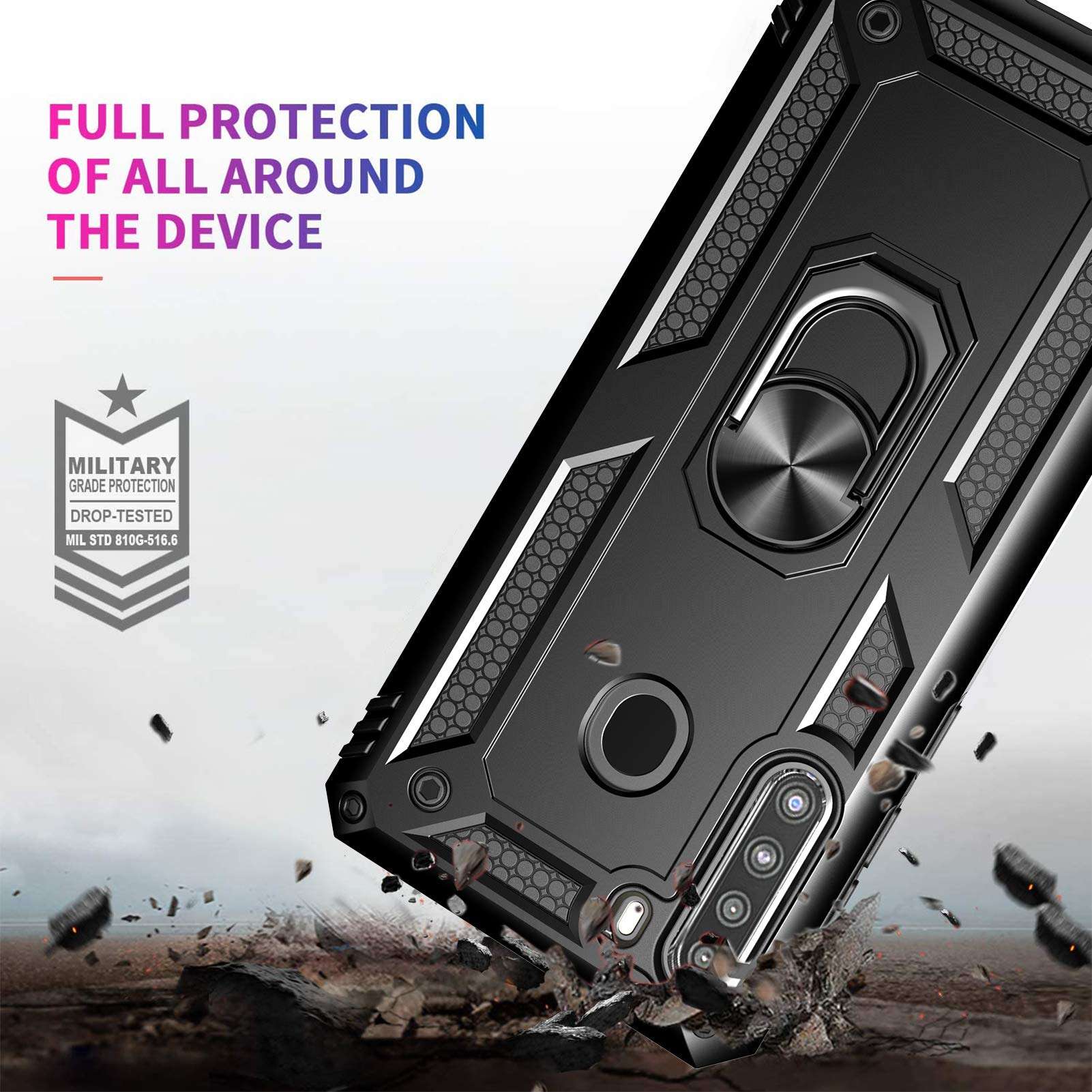 Galaxy A21 Case, Samsung A21 Case with Tempered Glass Screen Protectors, Androgate Military-Grade Ring Kickstand Car Mount 15ft Drop Tested Shockproof Cover Phone Case for Samsung Galaxy A21, Black 5