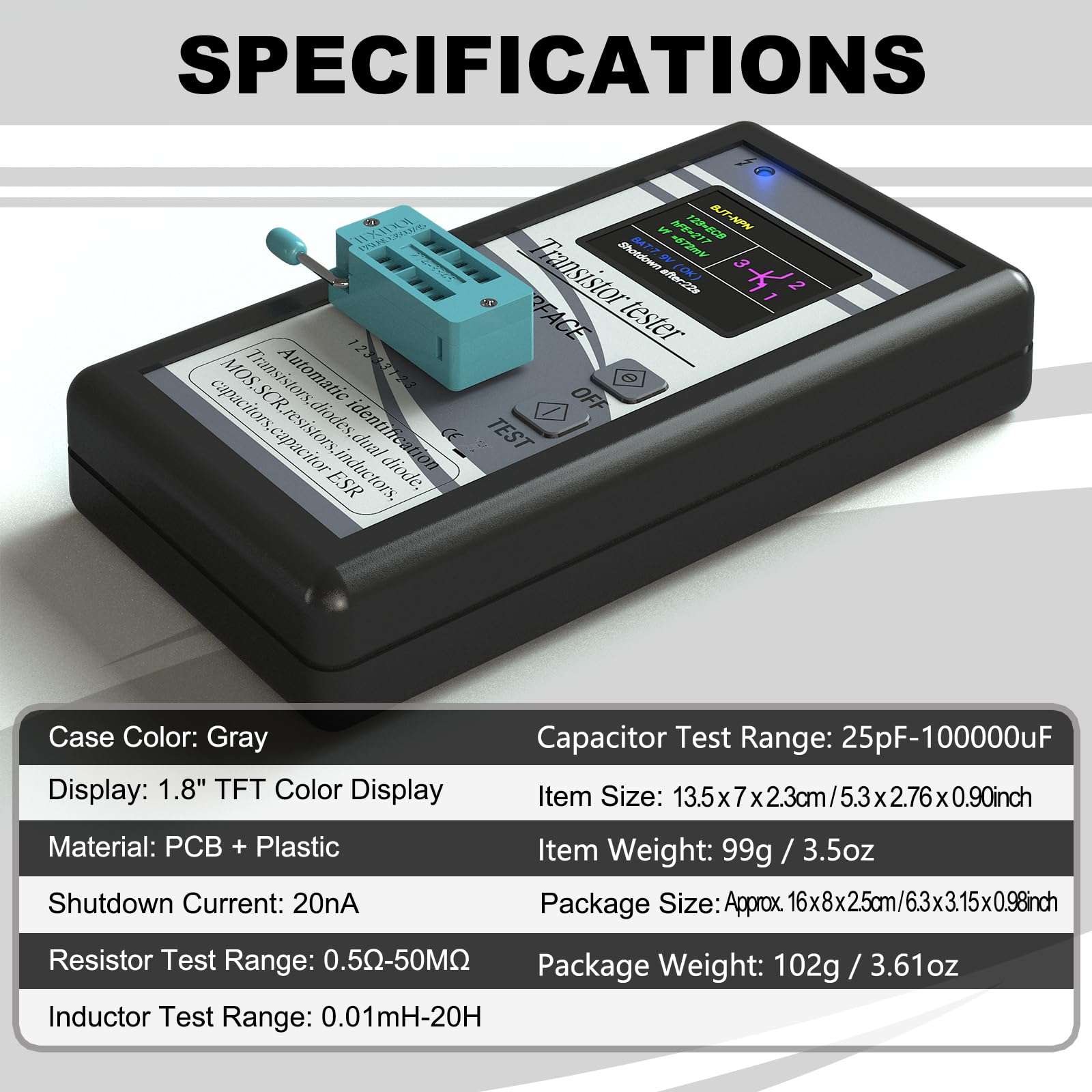 DROK Transistor Tester LCR Meter, Mosfet Transistor Capacitor Tester, Mega328 NPN PNP Transistor Diode Resistor Inductor Capacitance MOS SCR ESR Meter Automatic Checker Detector 3