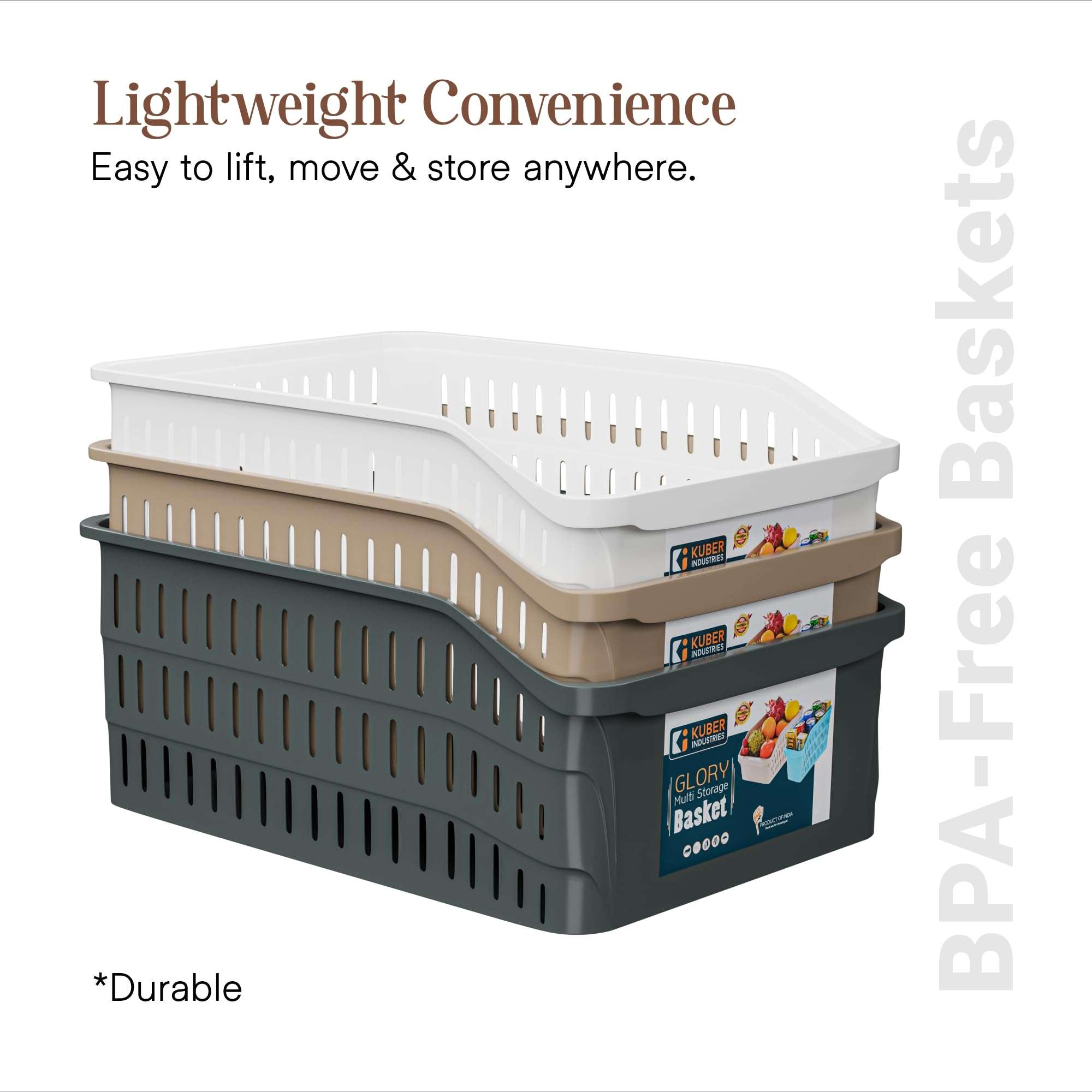 Kuber Industries 5000 ML Set of 3 Plastic Bpa Free Multipurpose Basket for Storage | Fruits and Vegetable Basket for Kitchen and Home Organiser | White, Grey & Beige 6