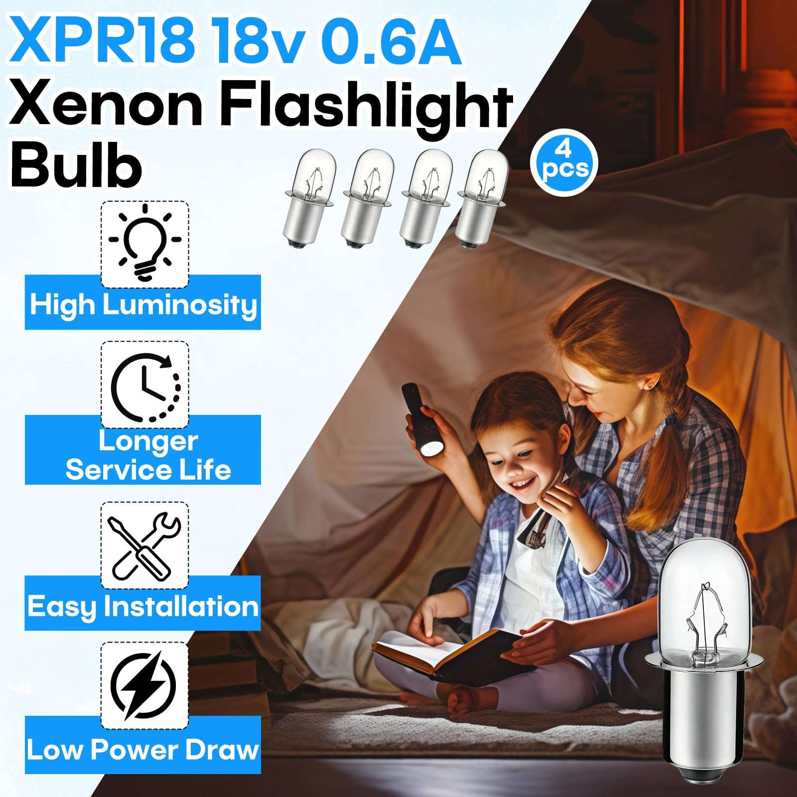 4 Packs XPR18 18v 0.6A Xenon Flashlight Bulb Compatible with Dewalt DW9083, DW908, DW919 and DC509 Flashlights, Flashlight Replacement Part, Durable 3