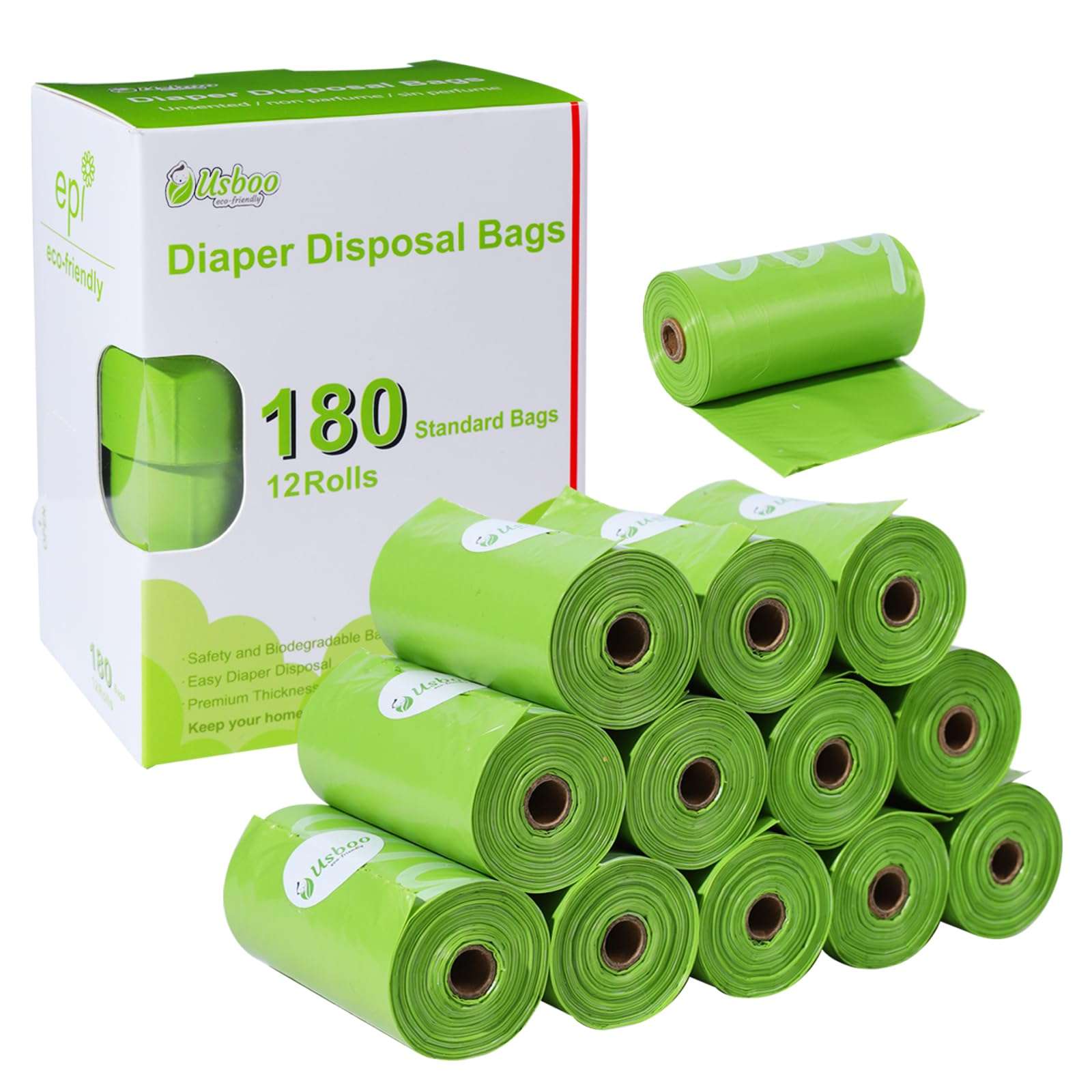Diaper Bags Disposable for Baby, 12 Refill Rolls/180 Bags OXO-Biodegradable Waste Bags,Dirty Disposable Diaper Bags,Diaper Trash Bags,Green 1