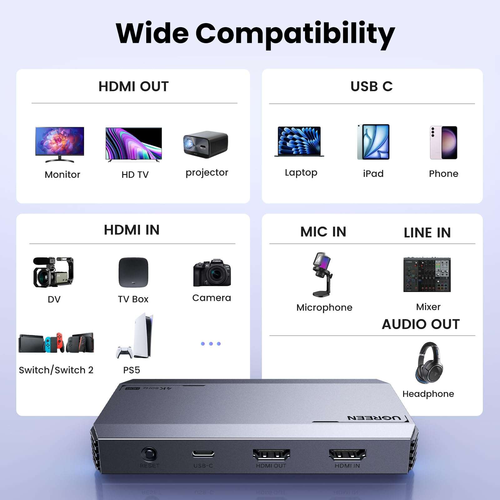 UGREEN 4K@60Hz Capture Card, Ultra HD HDMI Video Capture Card 1080P@240Hz USB 3.0 Ultra-Low Latency with VRR and HDR for Streaming, Gaming, Recording Compatible with iPad, Switch 2, PS5, Xbox, PC, Mac 5