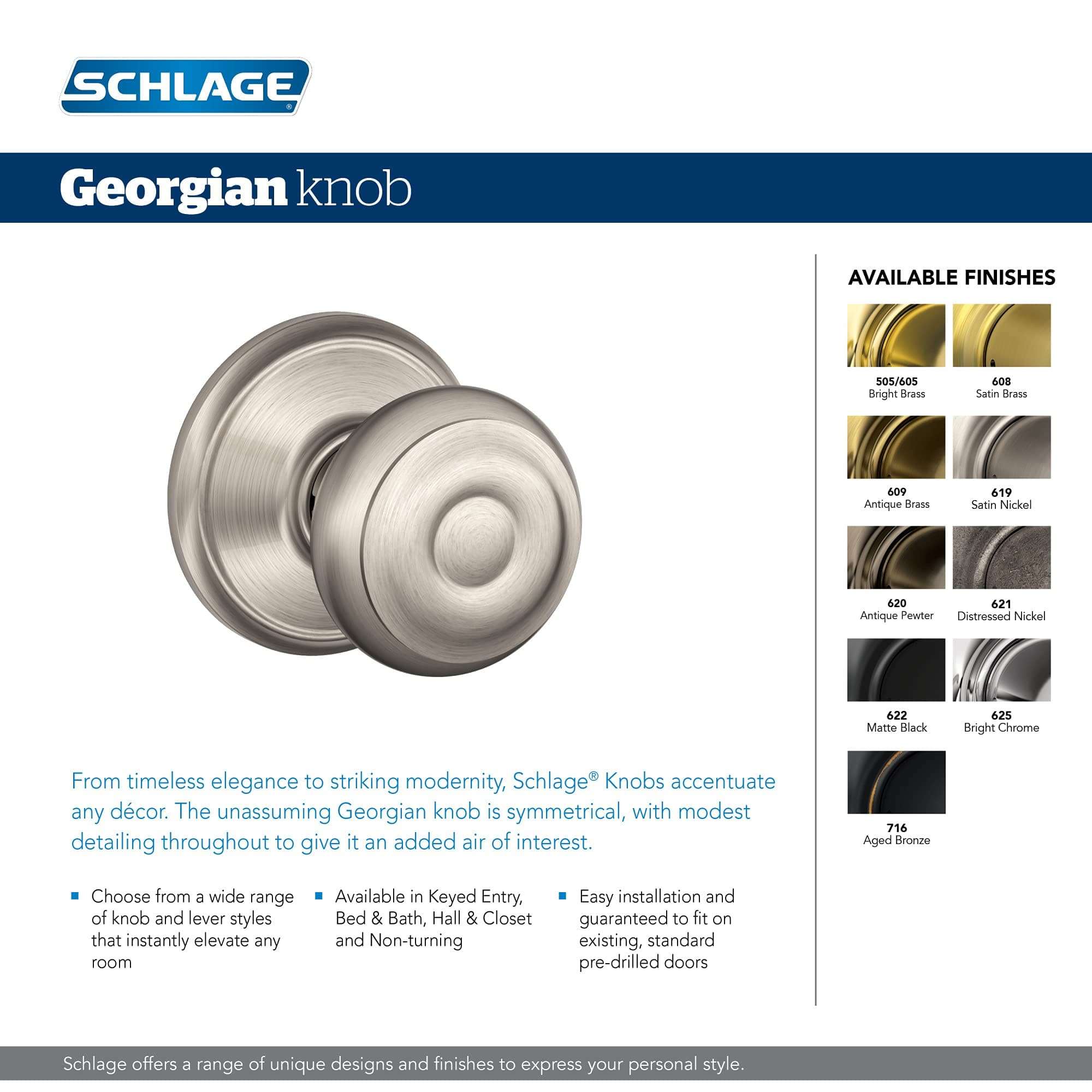 Schlage F40 GEO 605 Georgian Door Knob, Bed & Bath Privacy Lock, Bright Brass 3