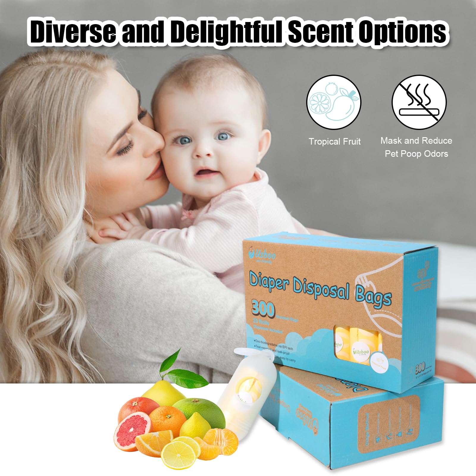 USBOO Diaper Disposal Bags - 20 Refill Rolls/300 Pack Baby Poop Bag with Dispenser | Tropical Fruit Scented | Leak Proof & Trash Bags for Diapers | Baby Essentials 4
