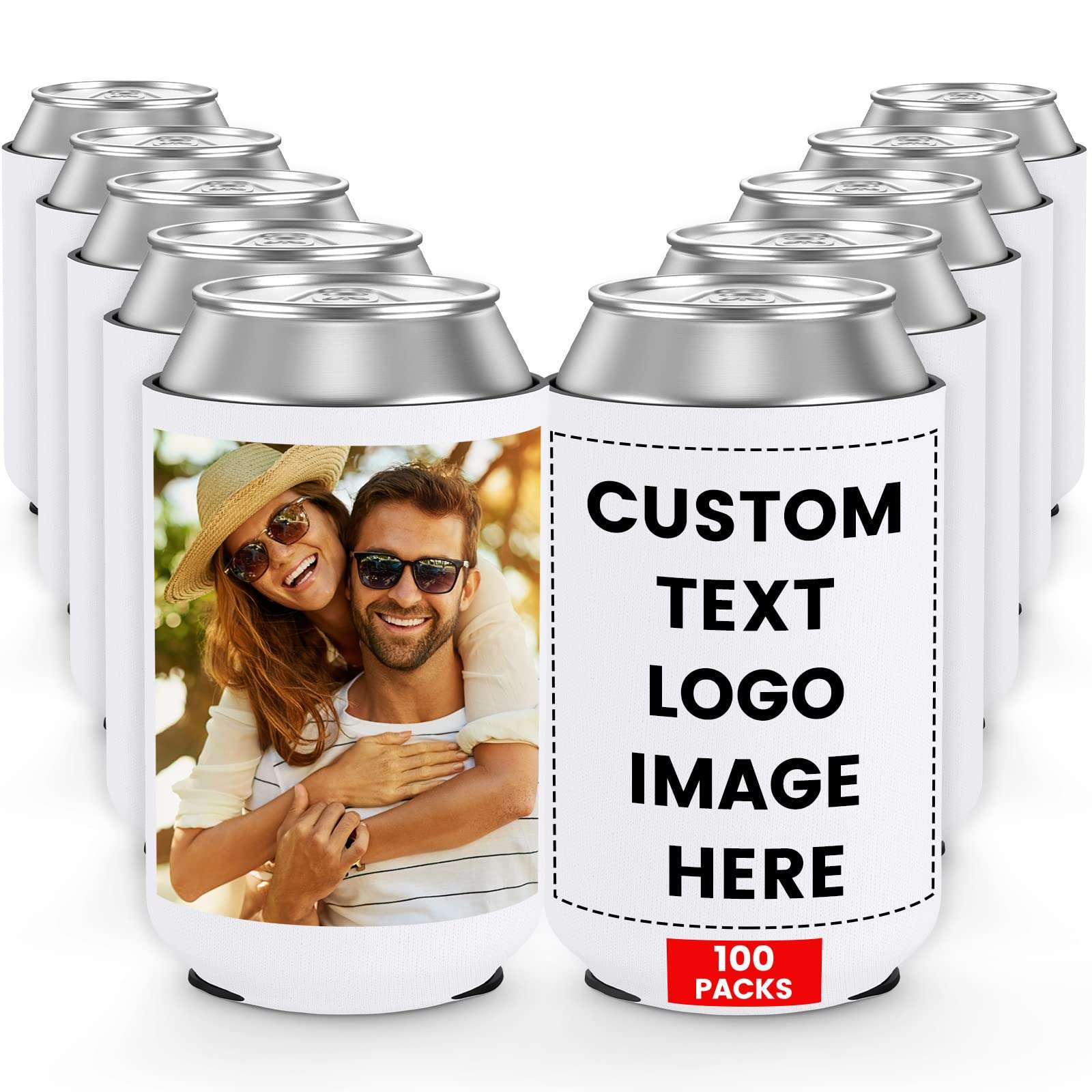 Custom Neoprene Can Cooler Sleeve 100 Pack Bulk Personalized Collapsible Insulated Can Sleeves Personalized Drink Holder for Summer Beach Birthday Party Supplies Holiday Decorations 1