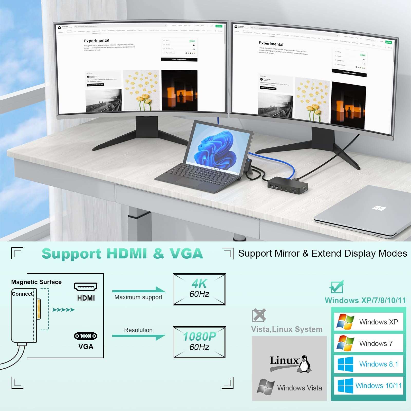 Microsoft Surface Dock - 11 in 1 Surface Docking Station with 4K@60HZ HDMI+VGA, Surface Pro Docking Station Power Supply for Surface Pro 11/10/9/8/X/7/6/5/4/3, Laptop Go, Laptop 6-1,Surface Book 3/2/1 4