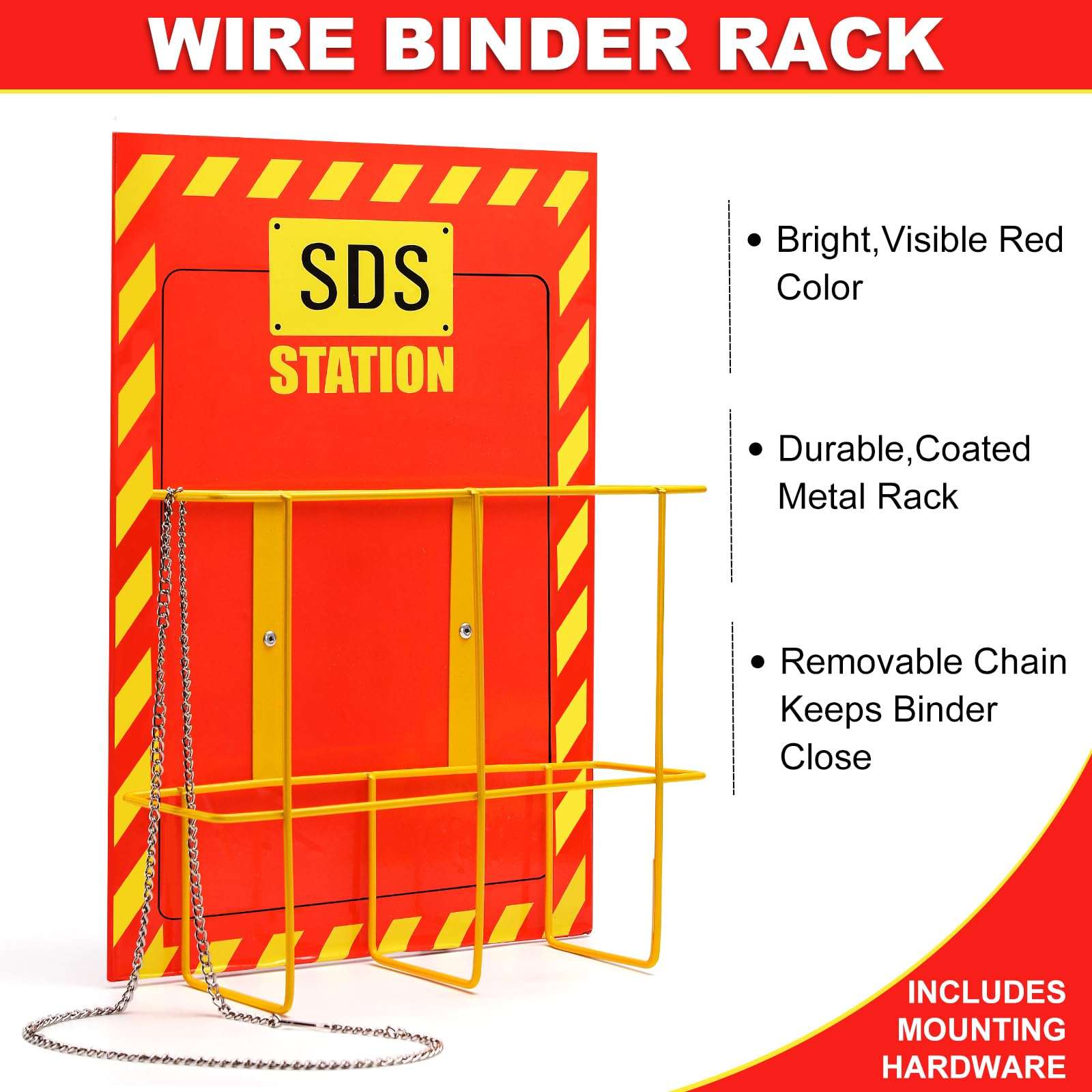 MSDS SDS Binder and Wall Station,Yellow Heavy Duty 3 Inch Material Safety Data Sheet 3 Ring Binder with SDS Wire Rack and Display Sign, Chain,Mounting Hardware,Safety Posters,MSDS Labels 4