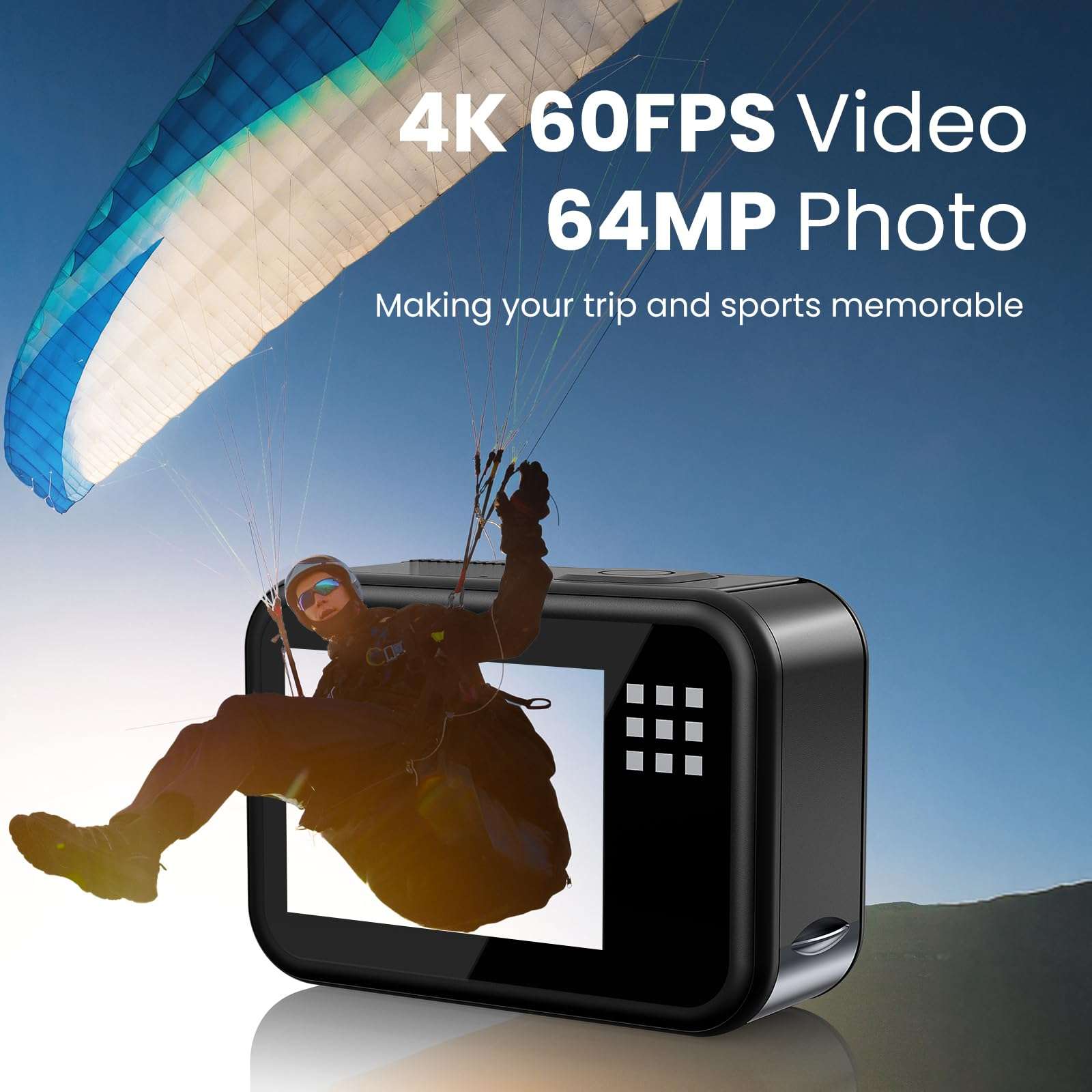 Upgrade 4K60FPS WiFi Action Camera 64MP Waterproof Camera with Touch Rear Screen, 8X Zoom Underwater Camera Snorkeling 65FT No Need a Waterproof Case with 64GB Card, Ideal for Travel Sports Vlog 3