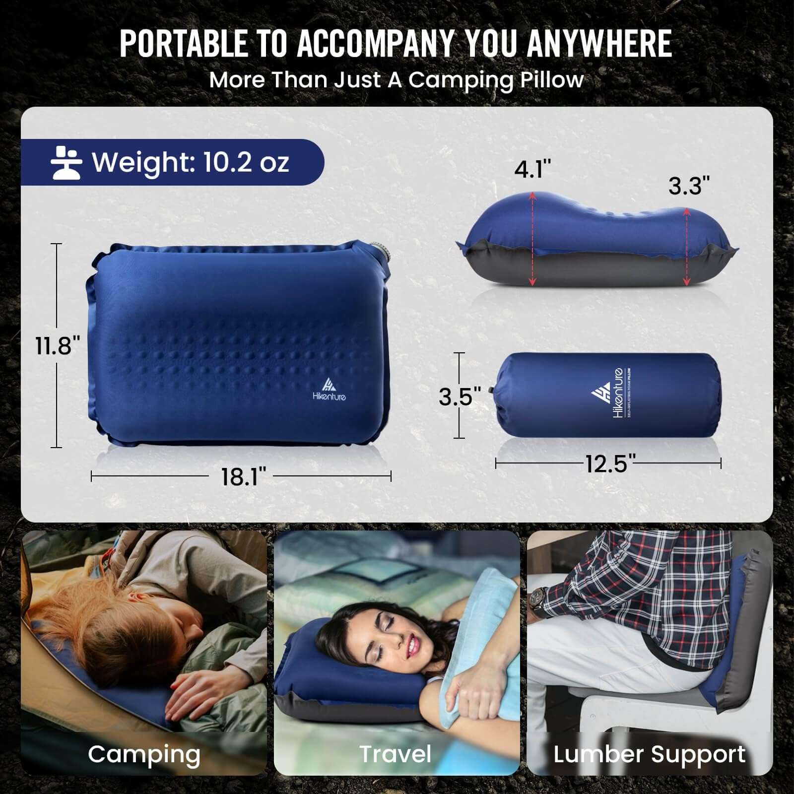 Hikenture Self Inflating Camping Pillow, Foam Travel Pillows for Sleeping, Ergonomic 3D Support Inflatable Pillow, Compressible Blow Up Camp Pillow, Portable Backpacking Pillow, Blue 6