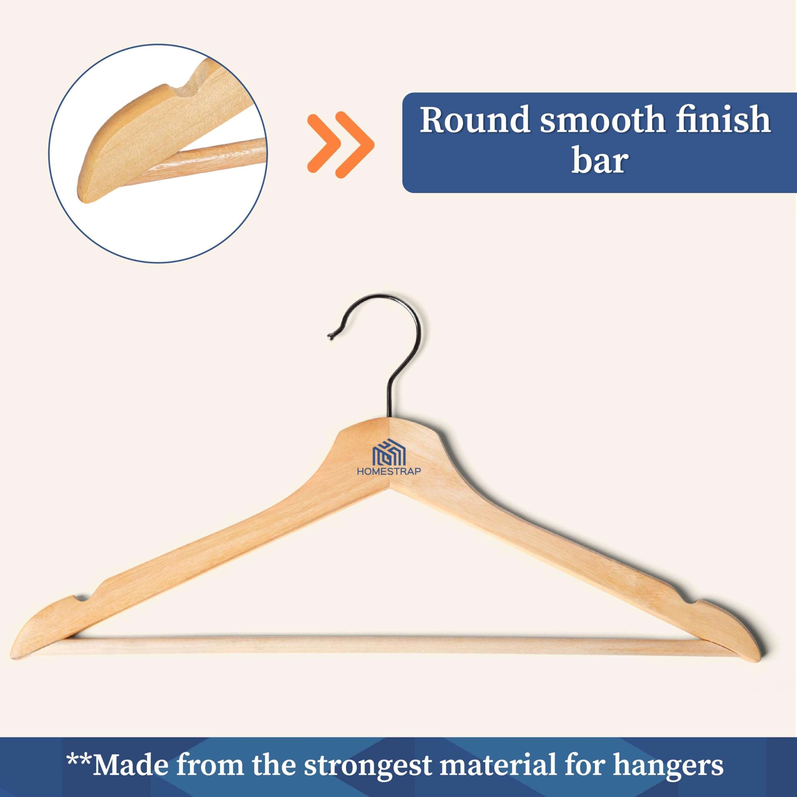 Homestrap Premium Round Bar Wooden Hanger (Pack of 20)| Durable Wooden Garment Hangers with Cut Notches & 360 Degree Swivel Chrome Hook for Hanging Heavy Clothes 5