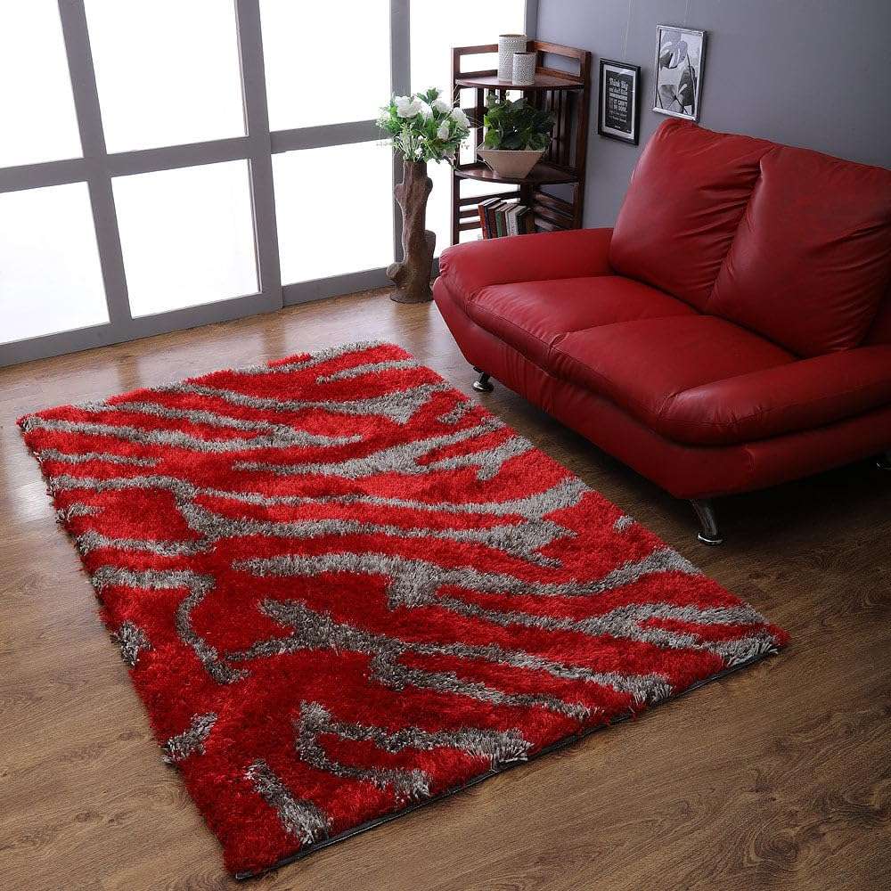 Hand Tufted SHAG Polyester ECO-Friendly Area Rugs - 4'x6', Rectangle, Red Beige, Abstract Modern Design, High Pile Thick Handmade Anti Skid Rugs for Living Room K00078 1