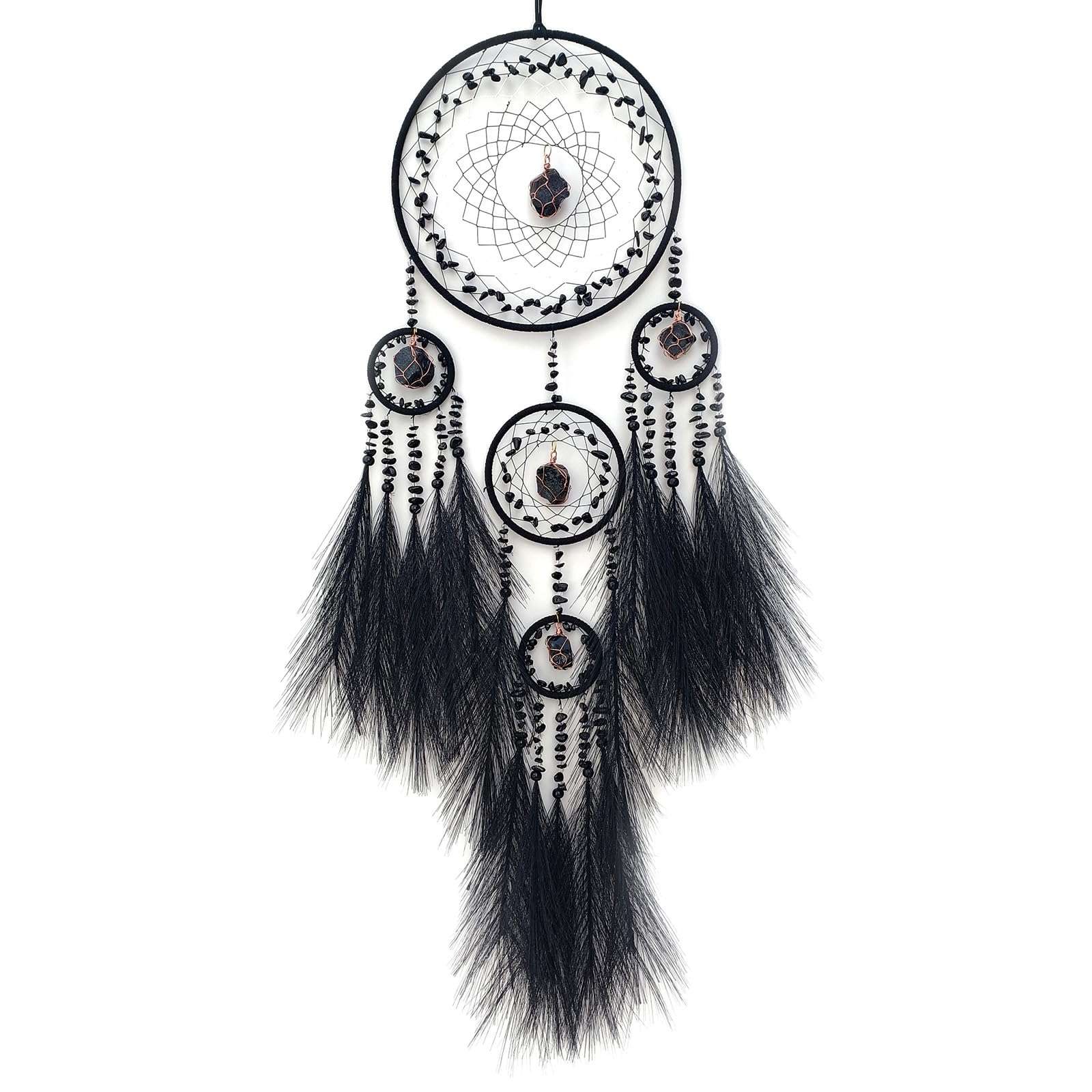 RAGKUU Black Large Dream Catcher Wall Decor Pampas Grass Dream Catchers with Stone Pendant Handmade Dreamcatcher Wall Hanging Ornament Art Craft for Bedroom Living Room Home Decor 2