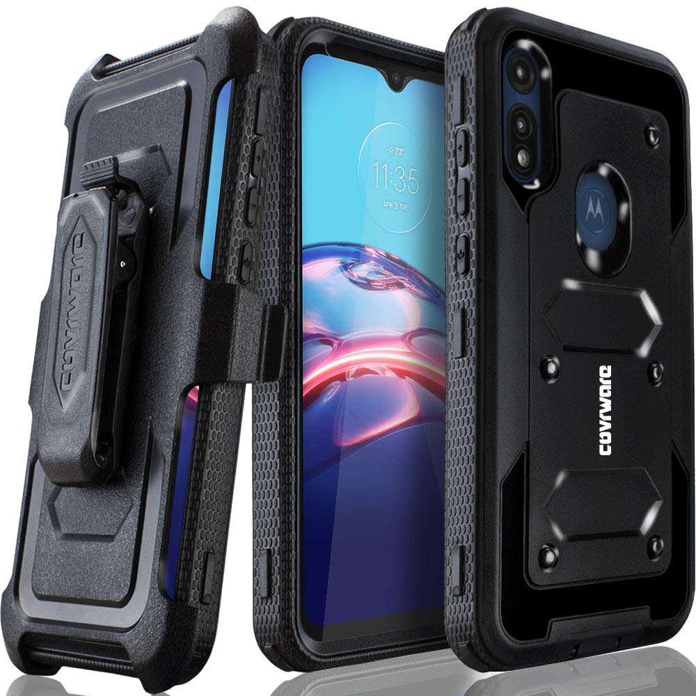 COVRWARE Aegis Series Case Compatible with Moto E (2020) / E7 with Built-in Screen Protector Holster Belt Swivel Clip Kickstand Heavy Duty Full Body Armor Shockproof Protective Cover, Black 1