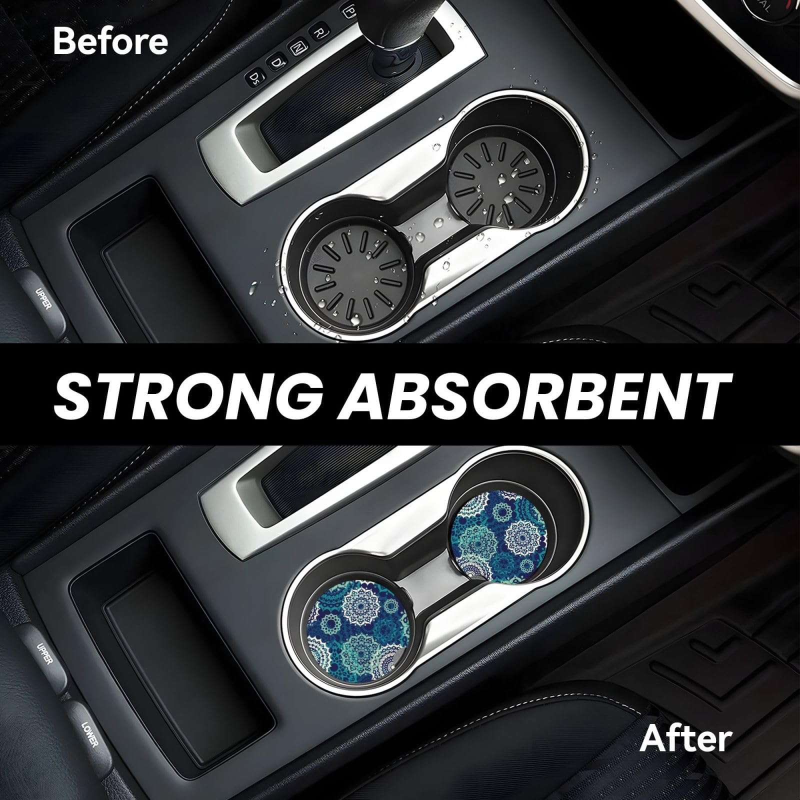 Xiso Ver Bohemian Mandala Car Cup Coasters 2 Pack Ceramic Cup Holders 2.56" Cork Base Drink Coasters with Finger Notch for Easy Move of Car Cup Holder 5