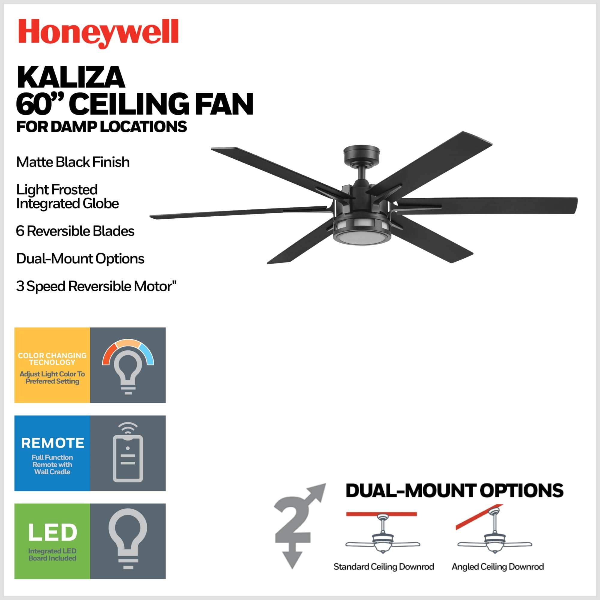 Honeywell Ceiling Fans Kaliza Modern 60 Inch Ceiling Fan with Light, LED Fan with Remote Control, Indoor Fan, 6 Contemporary Blades, Black 4