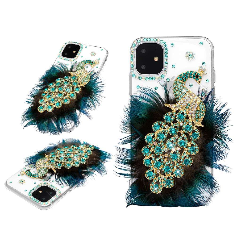 Mavis's Diary iPhone 11 Case 3D Handmade Luxury Peacock with Green Blue Feather and Shiny Bling Glitter Sparkly Diamond Glitter Rhinestones Gems Crystal Clear Hard Back Case Cover 3