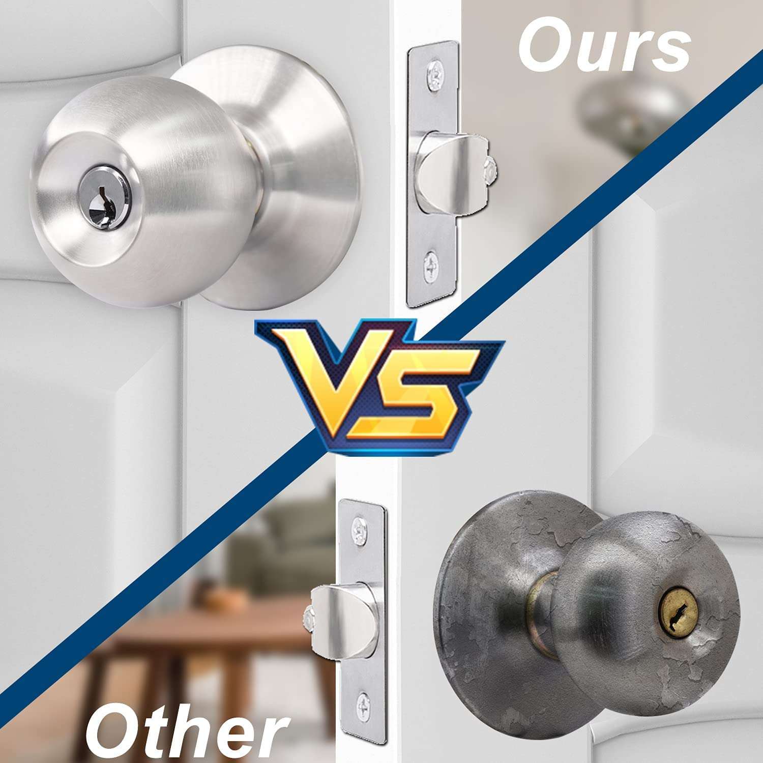 Door Knob with Lock Bedroom - Keyed Entry Door Knob Lock Interior and Exterior Bathroom,Stainless Steel Privacy Locking Door Knob Round Ball Door Lock Brushed Nickel(Silver) 5
