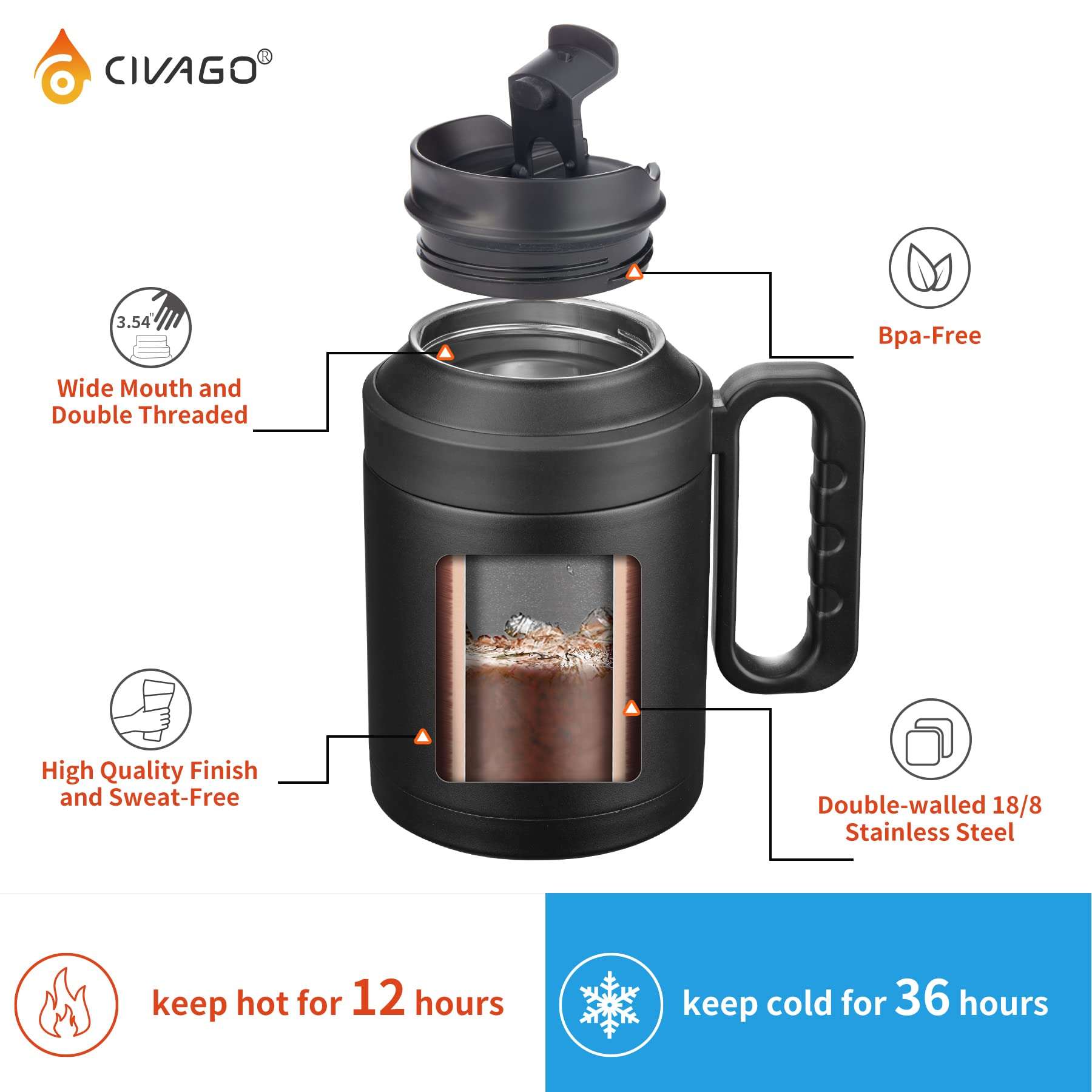 CIVAGO 50 oz Insulated Tumbler Mug with Lid and Straw, Vacuum Travel Coffee Mug with Handle, Double Wall Stainless Steel Water Cup Bottle, Black Glitter 3