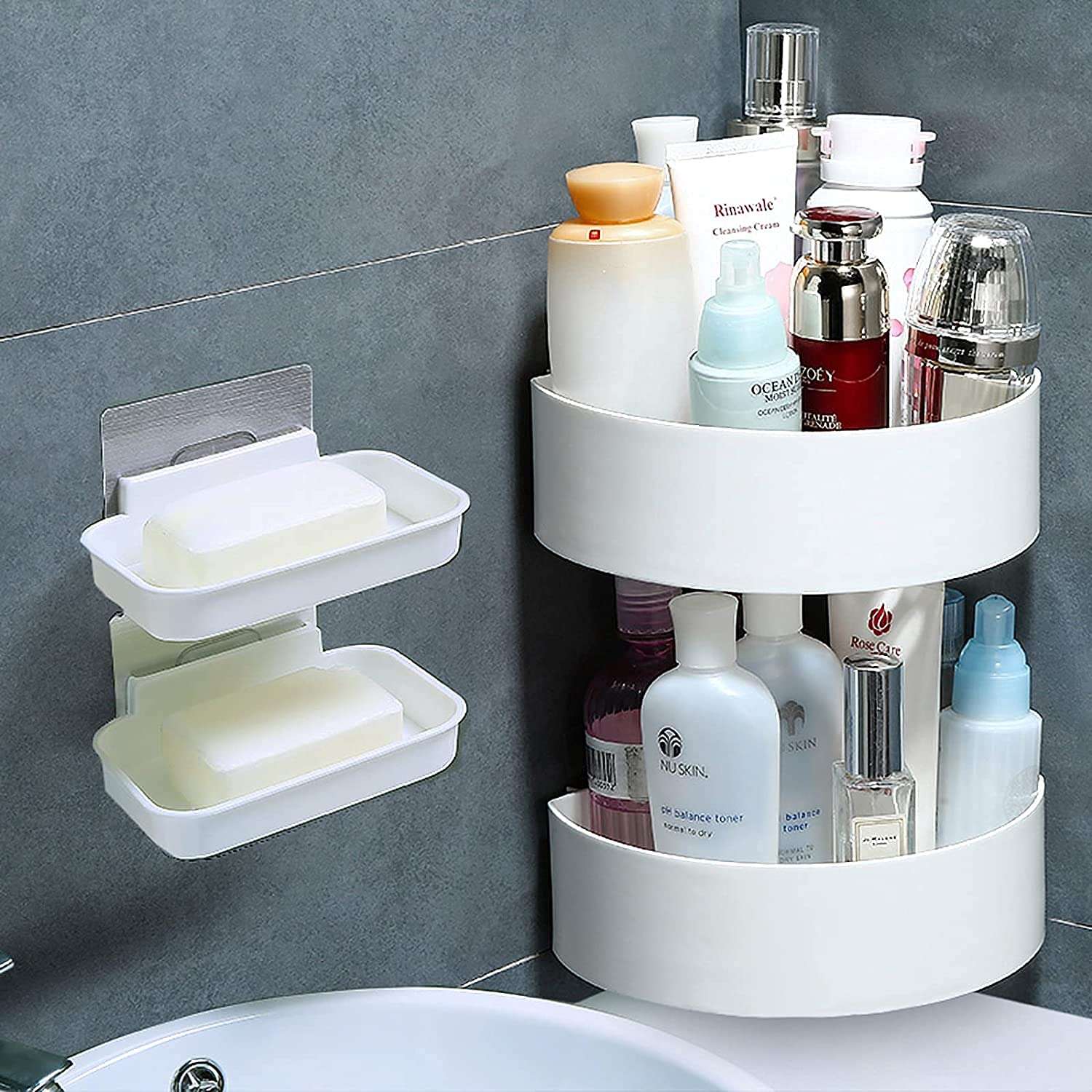 Sarth Shopobox Plastic (2 Pc with 2 Soap Cases) Round Corner Kitchen Bathroom Shelf Self-Adhesive Sticker Hooks Multipurpose Wall Holder Bathroom Storage Rack Box Strong Shower Rack Shelf - White 6
