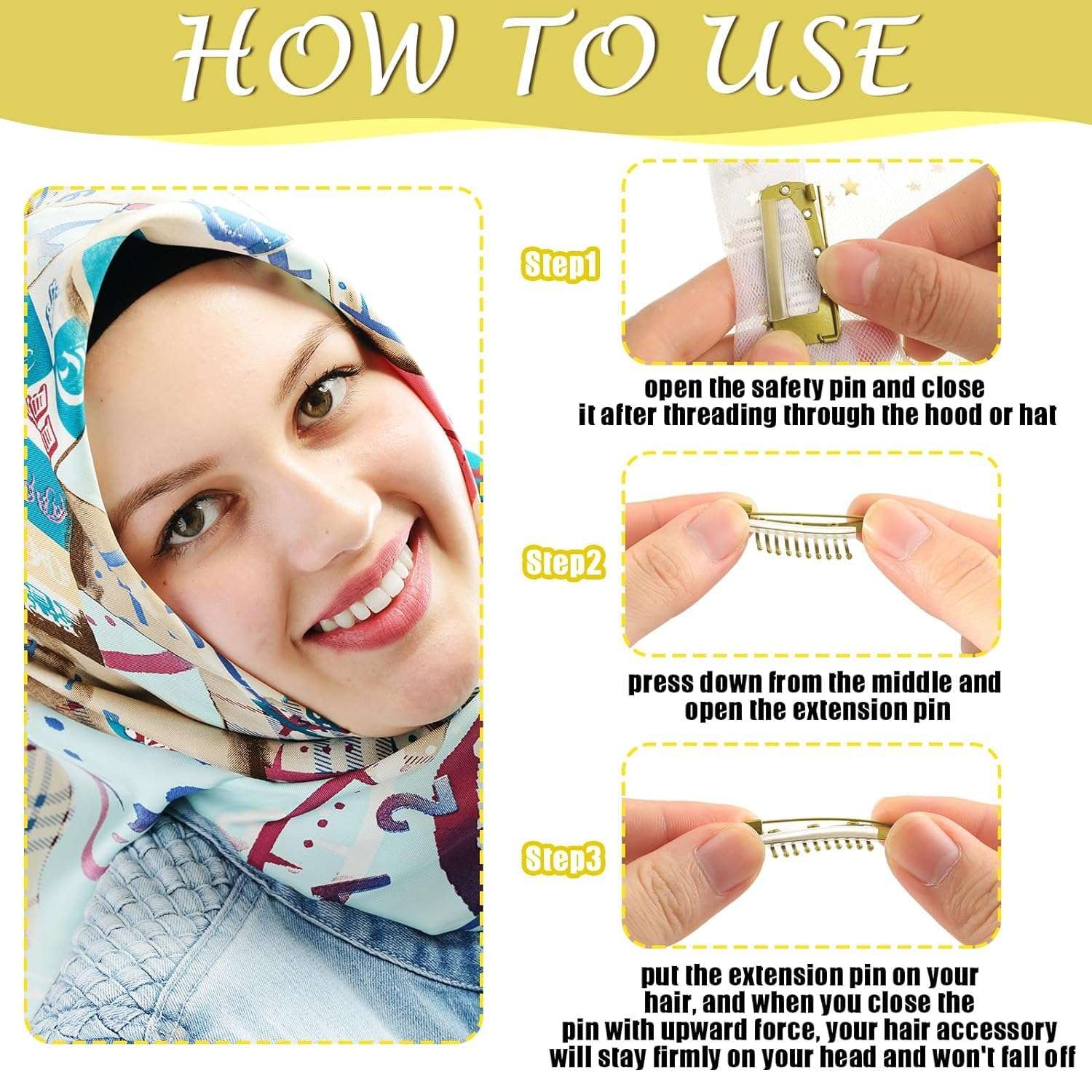 INHEAVEN 100 Pieces Chunni Clips with Safety Pins 10 Teeth Wig Clips Strong Dupatta Grip Clip Flat Dupatta Setting Clips Hair Extension Clips for Woman Hijab Veil Hair Extensions Hairpieces (Gold) 5