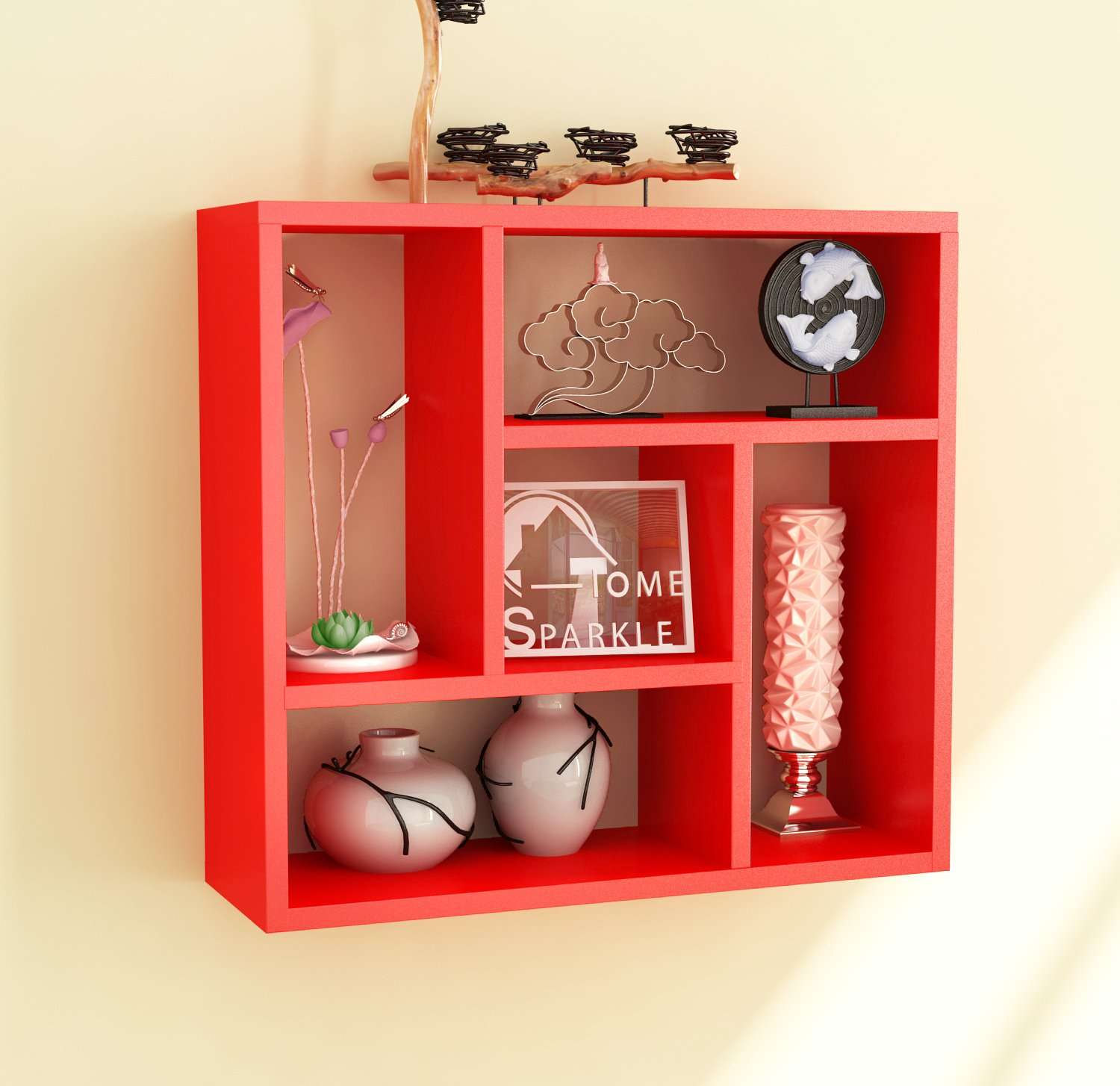 Home Sparkle Engineered Wood Square Wall, Wall Mounted Kitchen Shelve with Five Section, Ideal for Decoration in Living Room, Bedroom (Red) Modern Unique Designer Wall Shelf Rack for Home. 1