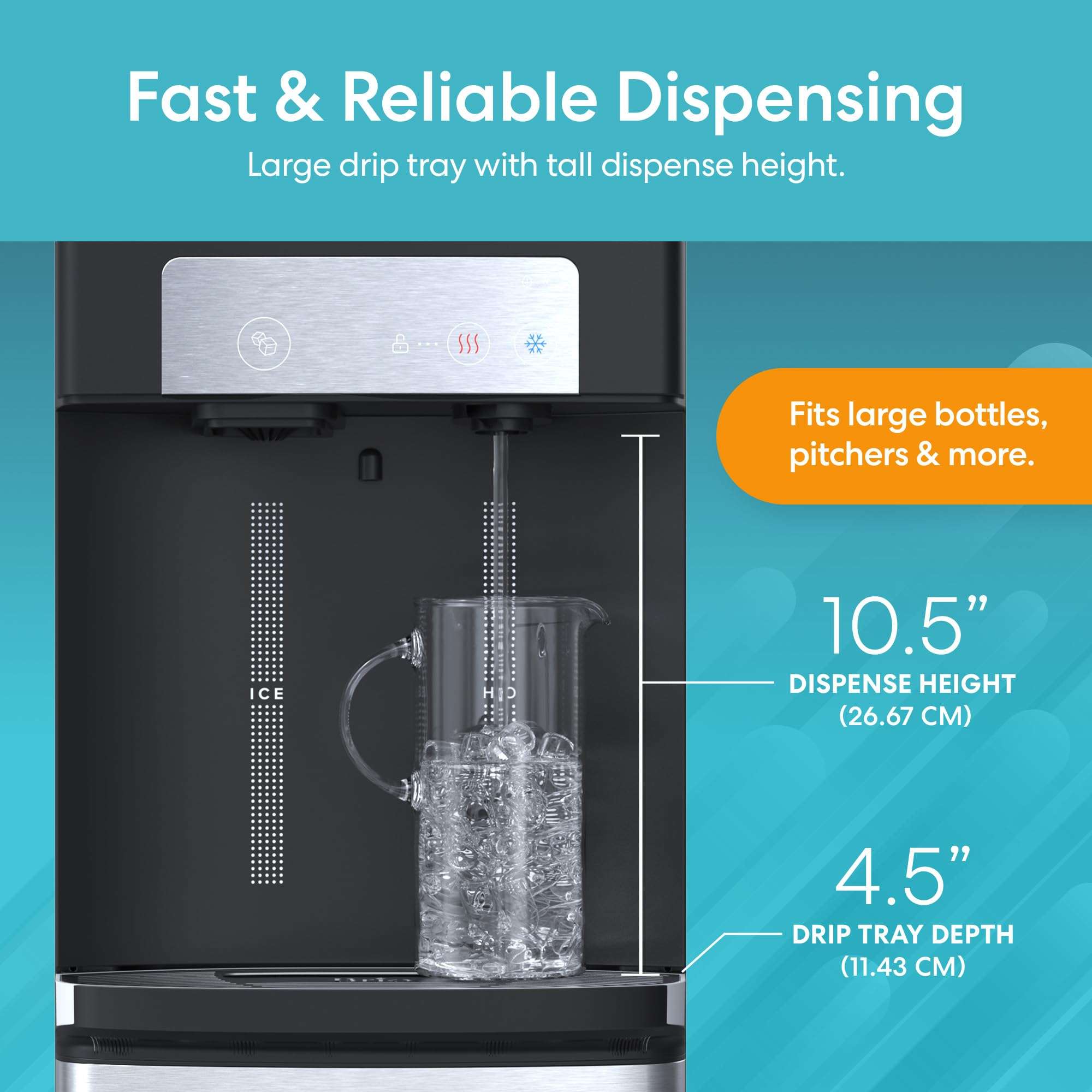 Brio ICE 420 Water Cooler Dispenser for 5 Gallon Bottle with Ice Maker, Bottom Load | UV Self Cleaning Technology, Night Light, Child Safety Lock & 2X Fast Dispense | NSF Certified - Black & Stainless 6