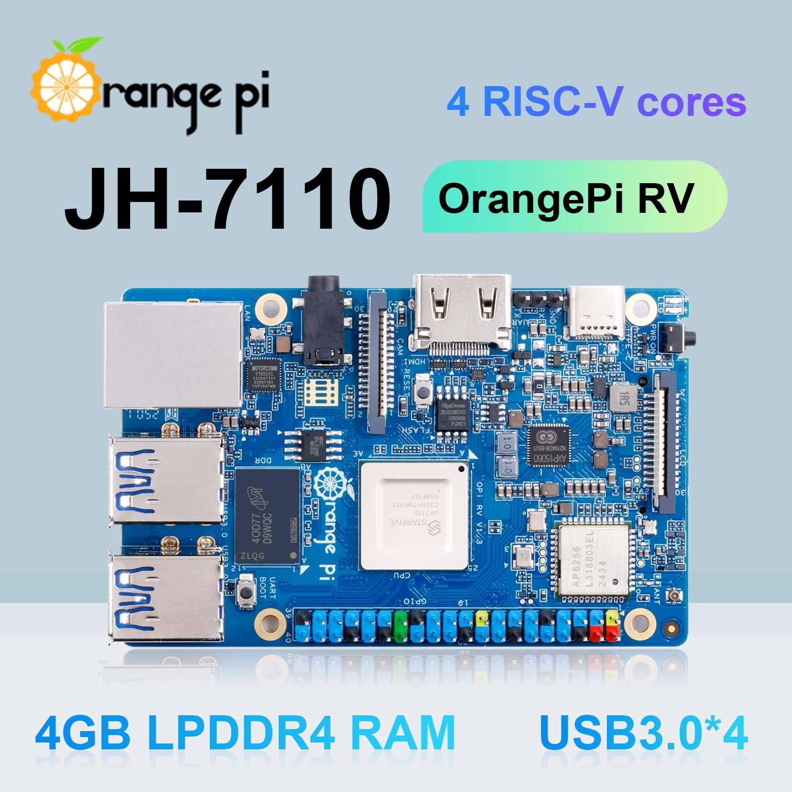 Orange Pi RV 2GB LPDDR4 RISC-V Single Board Computer with StarFive JH7100 4-Core 64-Bit Processor, Wi-Fi 5.0/Bluetooth 5.0, Development Board Run Linux/Debian (4GB+Power Supply) 3