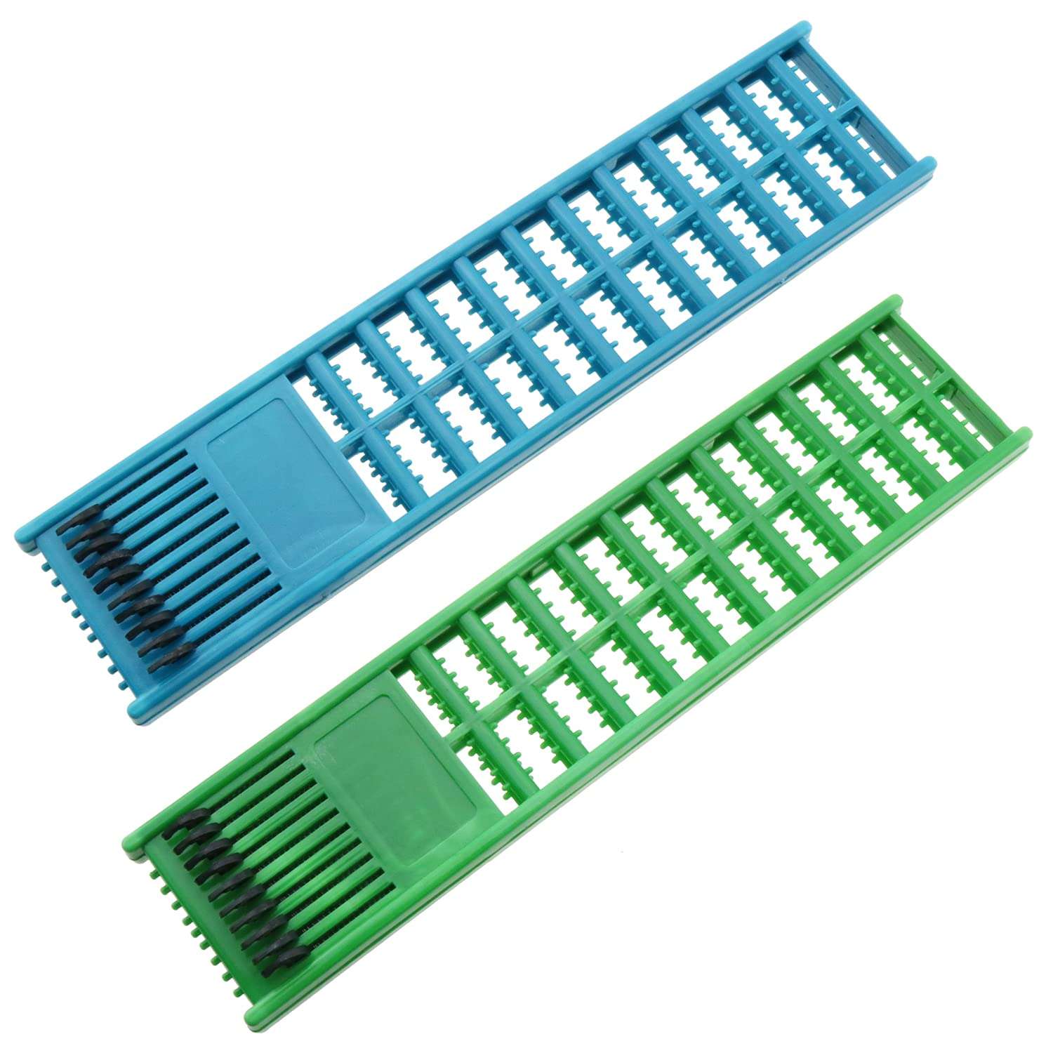LUORNG Fishing Hook Holder 2pcs 6x27cm Blue and Green Fishing Snelled Hook Holder Plastic Double Side Spring Hooks Storage Catch Holder for Snelled Rigs Holder Lead Tray Jigs Board
