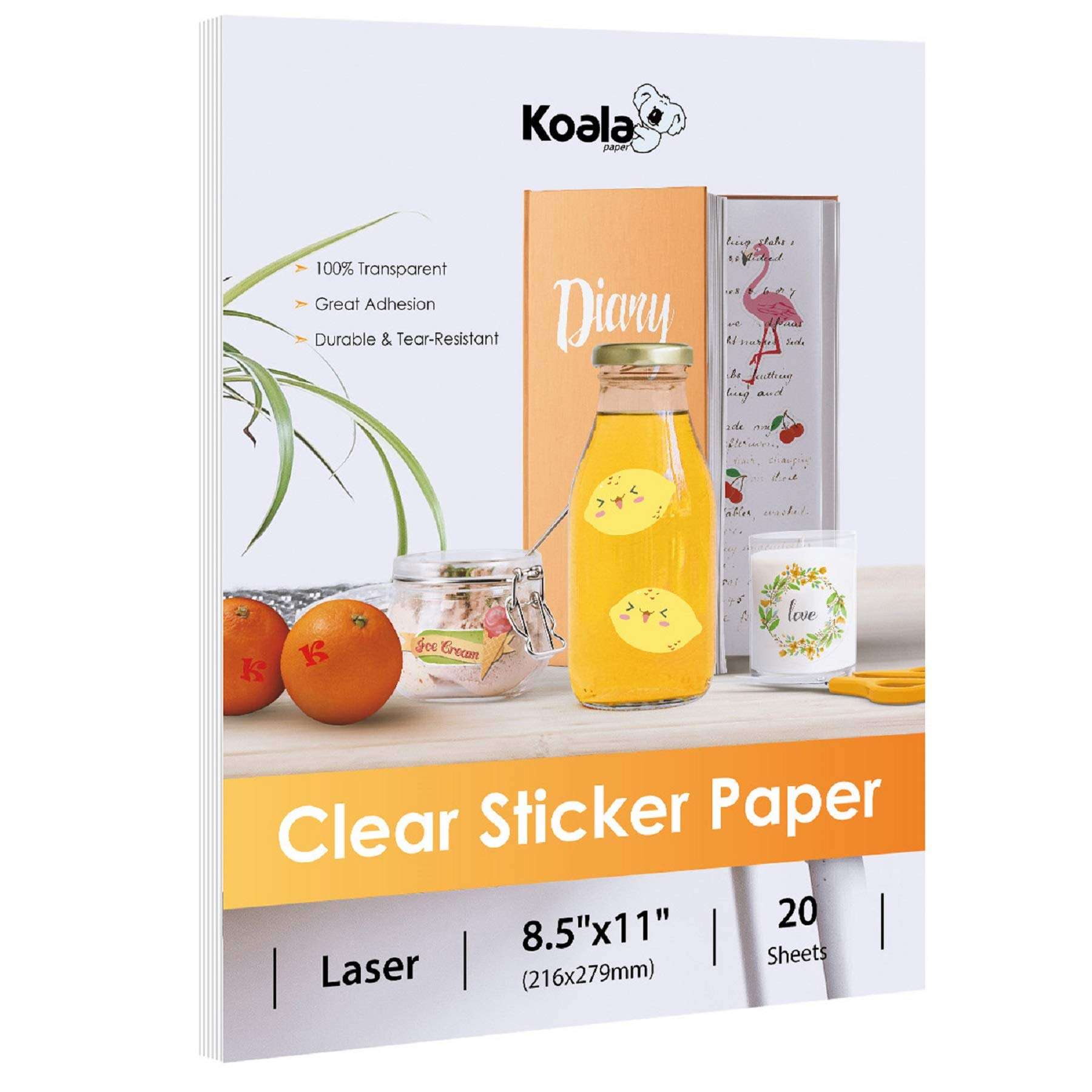 Koala Printable Clear Sticker Paper - ONLY for LASER Printer - 8.5x11 Inch 20 Sheets Full Sheet 100% Transparent Label Paper for DIY Personalized Decals, Labels 1