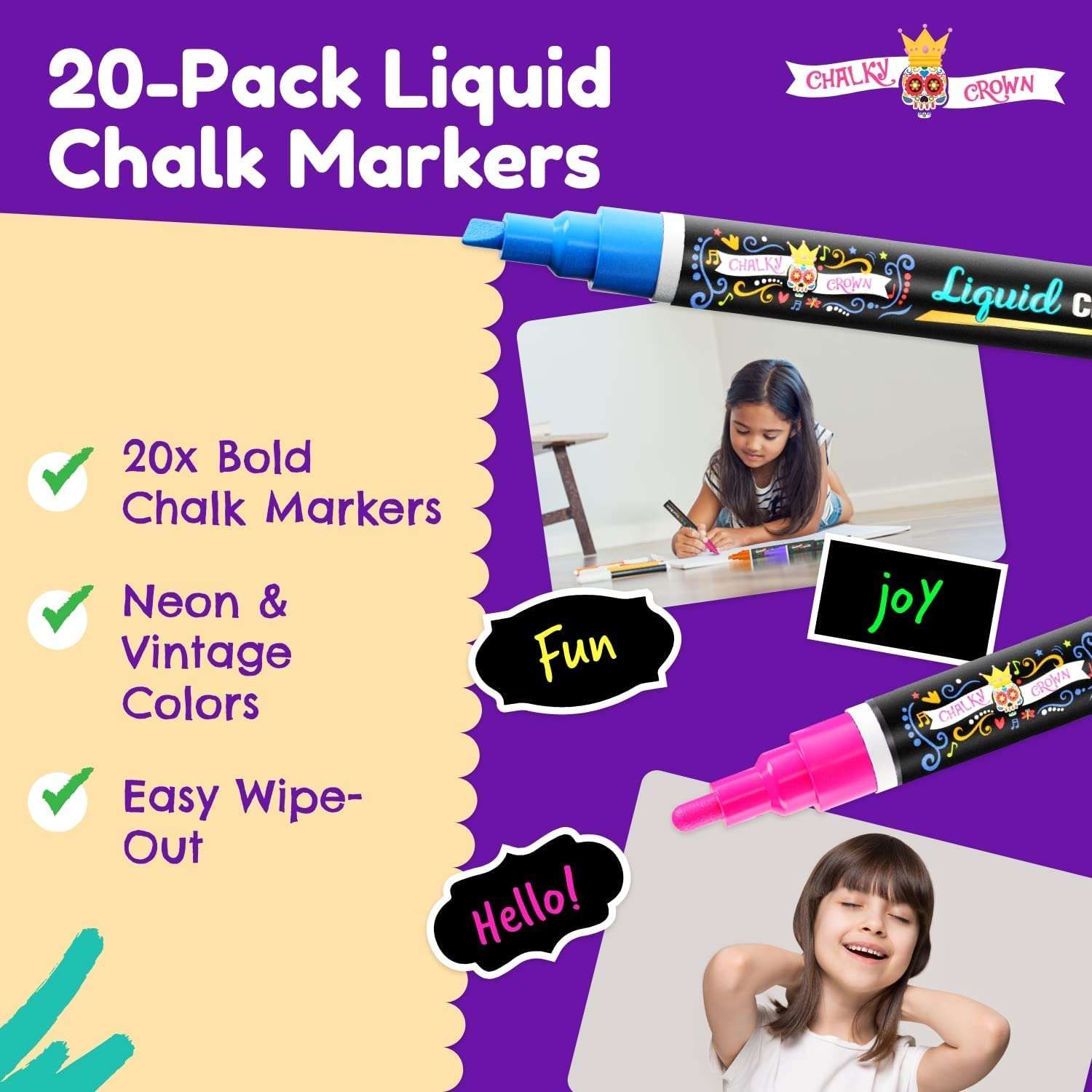 Liquid Chalk Markers - Erasable Chalk Pens, Chalkboard Markers - Chalk Markers for Chalkboards, Signs, Windows, Blackboard, Glass - Reversible Tip, 20 pack (Bold Multicolored, 6mm) 2
