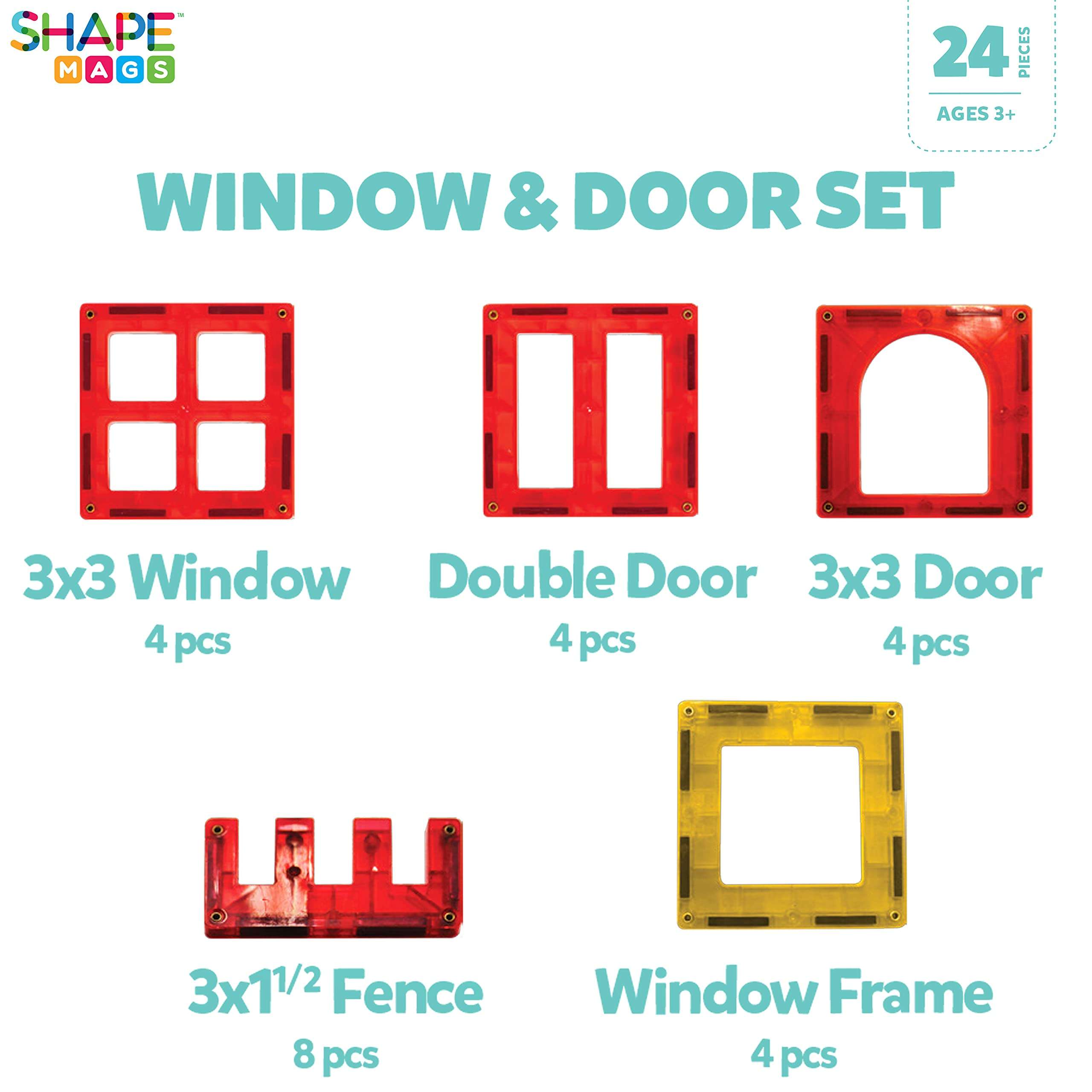 Shapemags 24 Piece Set Magnet Building Tiles Magnetic Blocks - Windows and Doors Accessories Building Kit, Award Winning STEM Toy, Educational 3D Construction Blocks Set 3