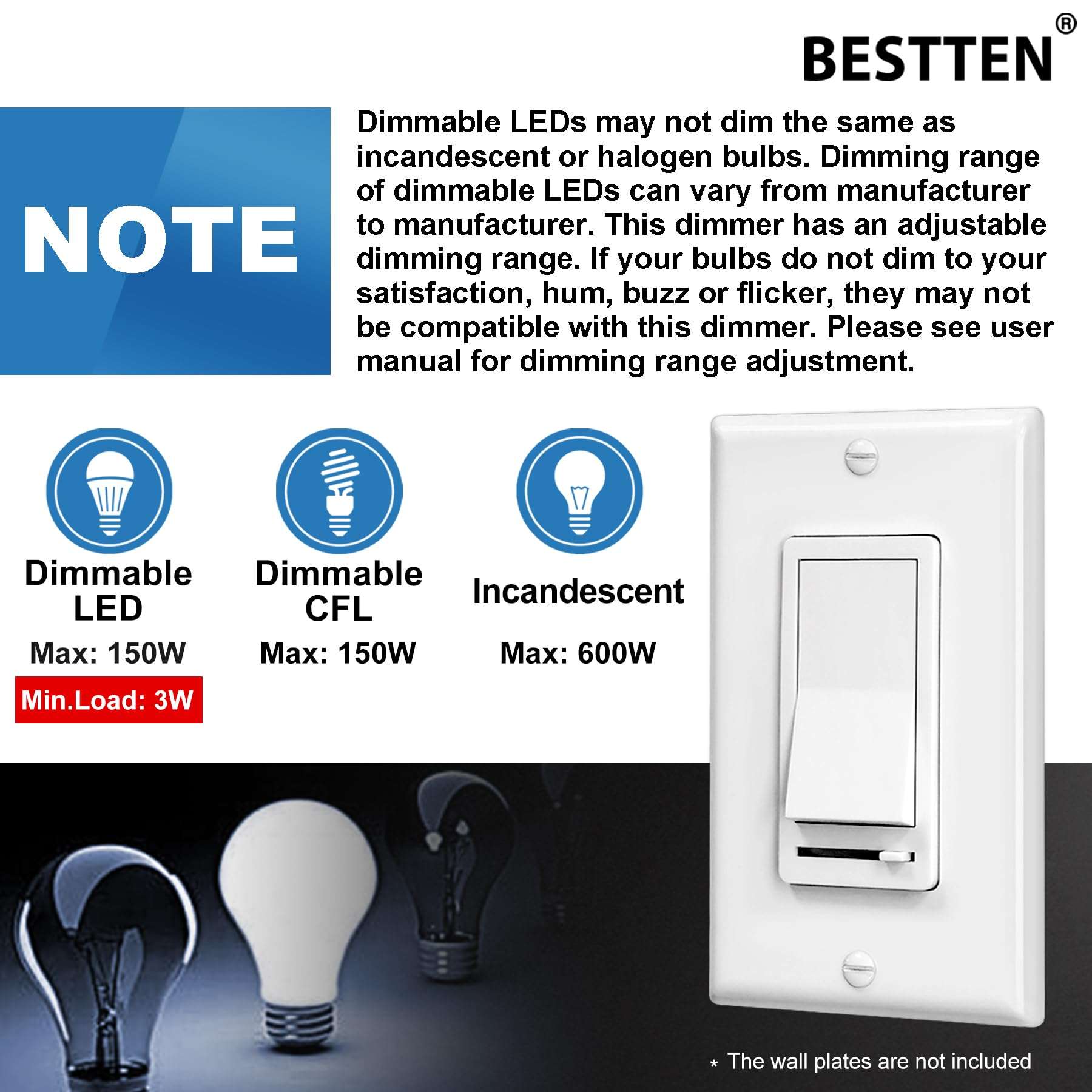 BESTTEN 10 Pack Dimmer Light Switch, Single Pole or 3-Way, LED Dimmer Switches with 5 Pack Wall Plate 4