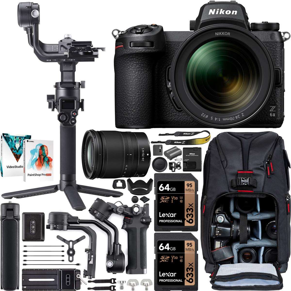 Nikon Z6II Mirrorless Full Frame Camera with 24-70mm F4 Lens Kit 1663 FX-Format 4K UHD Video Filmmaker's Kit with DJI RSC 3 Gimbal 3-Axis Handheld Stabilizer Bundle + Deco Photo Backpack + Software 1
