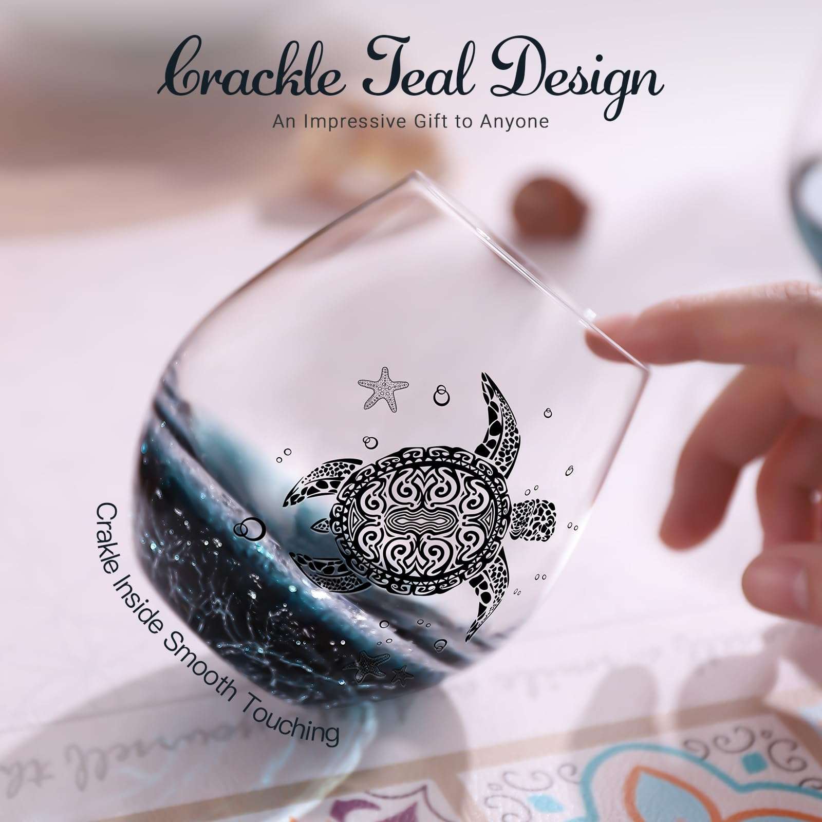 Sea Turtle Wine Glasses Set 4-13.3oz Crackle Teal Design, Hand blown Tortoise Wine Tumbler,Sea Turtle Gifts for Women, Birthday/Housewarming/Christmas Gifts for Seaturtle Lovers(4Count, Black) 3