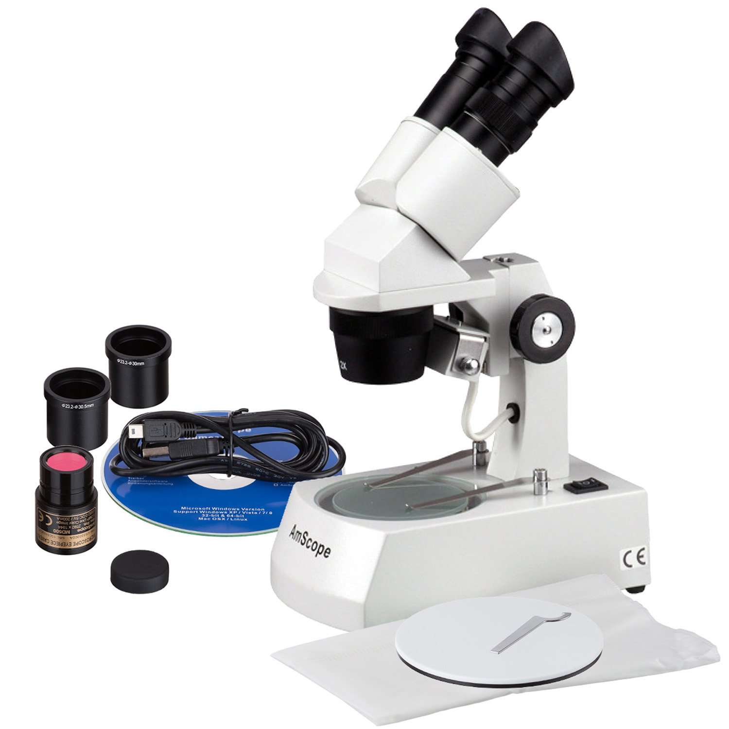 AmScope SE306-AZ-E1 Digital Binocular Stereo Microscope, WF10x and WF20x Eyepieces, 20X/40X/80X Magnification, 2X and 4X Objectives, Upper and Lower Halogen Lighting, Reversible Black/White Stage Plate, Arm Stand, 120V, Includes 1.3MP Camera and Software 4
