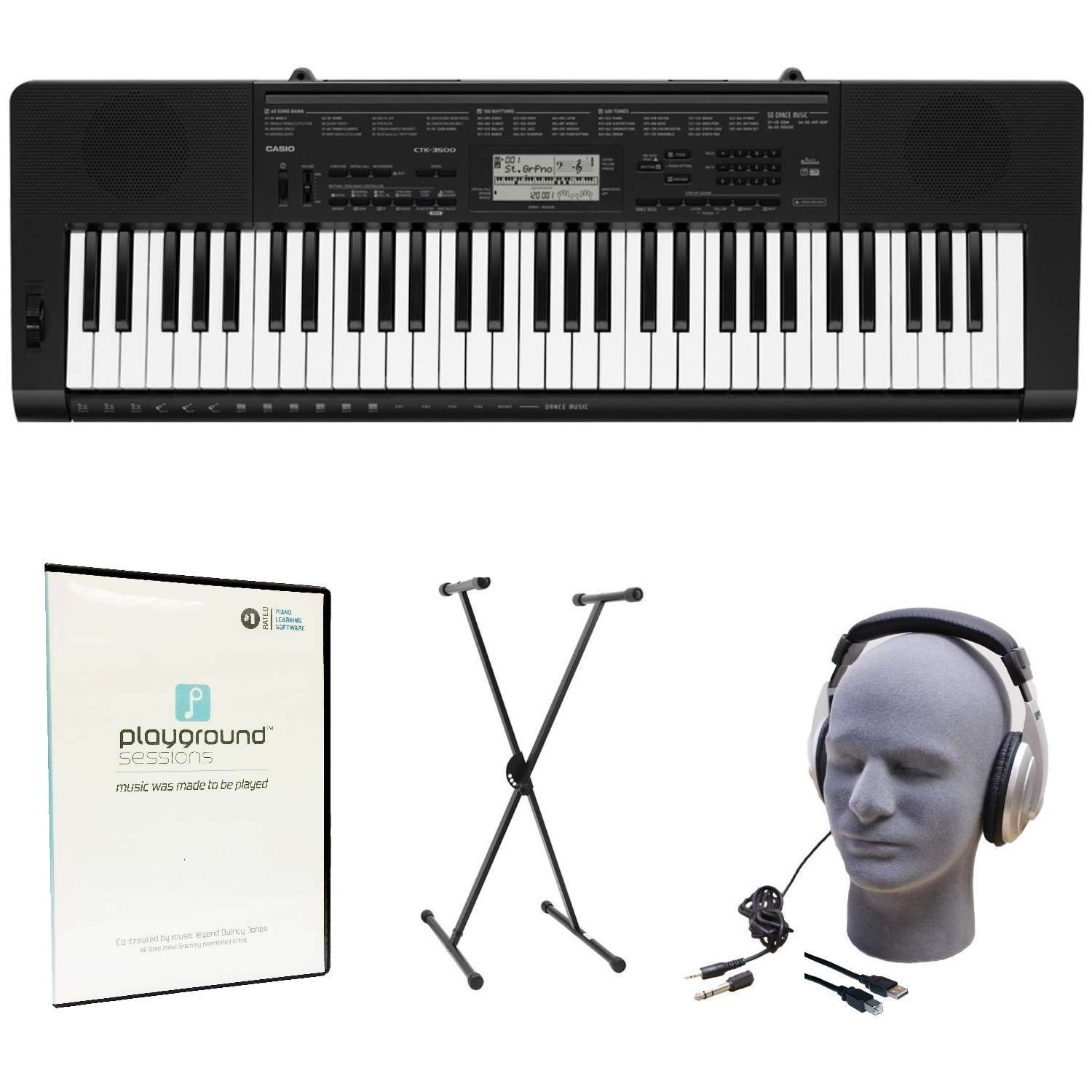 Casio CTK-3500 Learn-To-Play Quincy Jones Keyboard Bundle with Playground Sessions 1