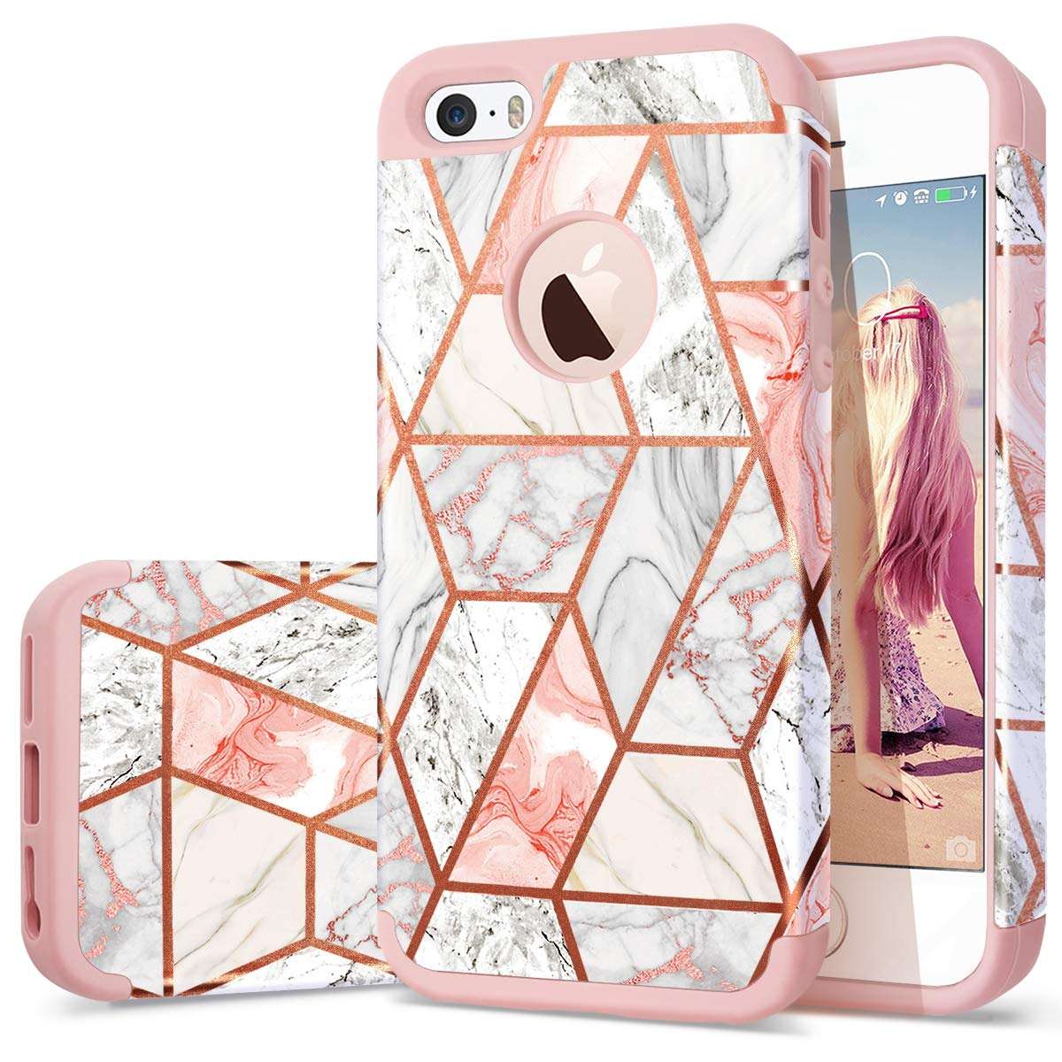Fingic iPhone 5s Case, iPhone 5 Case, iPhone SE Case Rose Gold Marble Design Glitter Bumper Hybrid Hard PC Soft Rubber Silicone Anti-Scratch Shockproof Protective Case Cover for Apple iPhone SE/5S/5 1