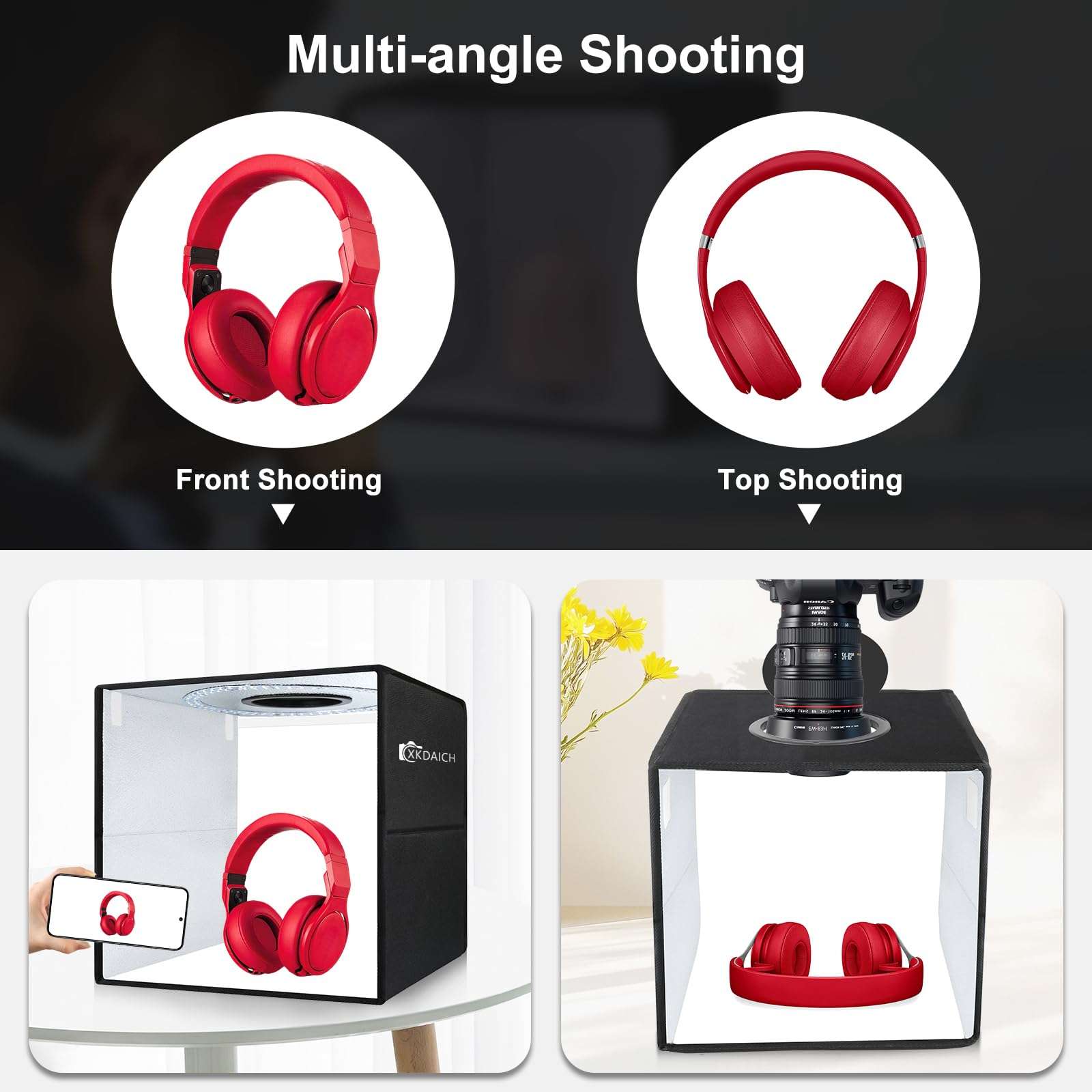 XKDAICH 16x16 Inch Portable Folding Photo Studio Shooting Tent Box with Dimmable Ring Light USB, 3 Color Temperatures & 6 Colors PVC Backdrops for Product Photography, YouTube Videos, Smartphone 5