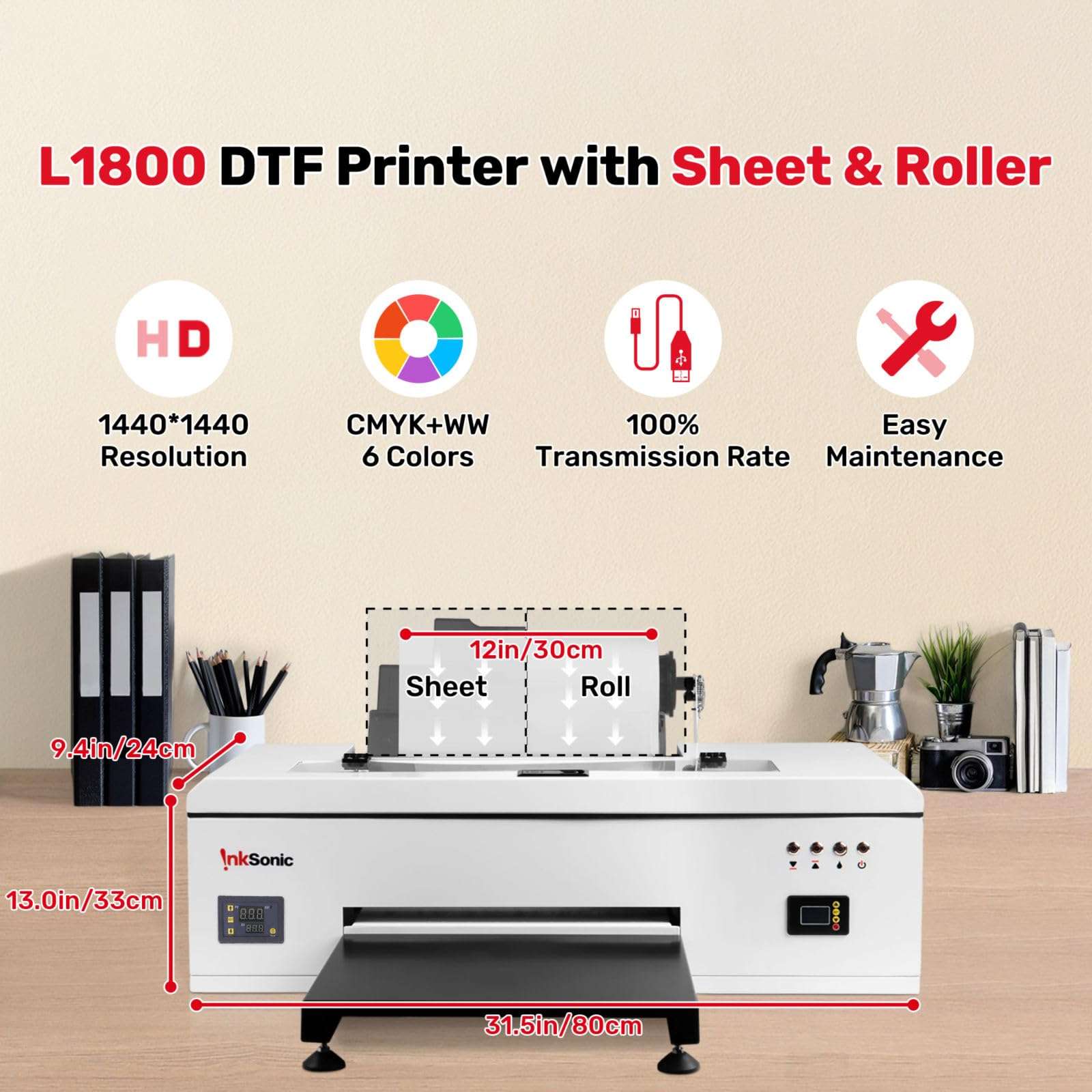 RocRow InkSonic L1800 DTF Printer, A3 DTF Transfer Machine, 13'' Print Width, Custom Garment Printing, Multi-Material Compatible, Direct to Film, White Ink Circulation System, Built-in Heating, E13 3