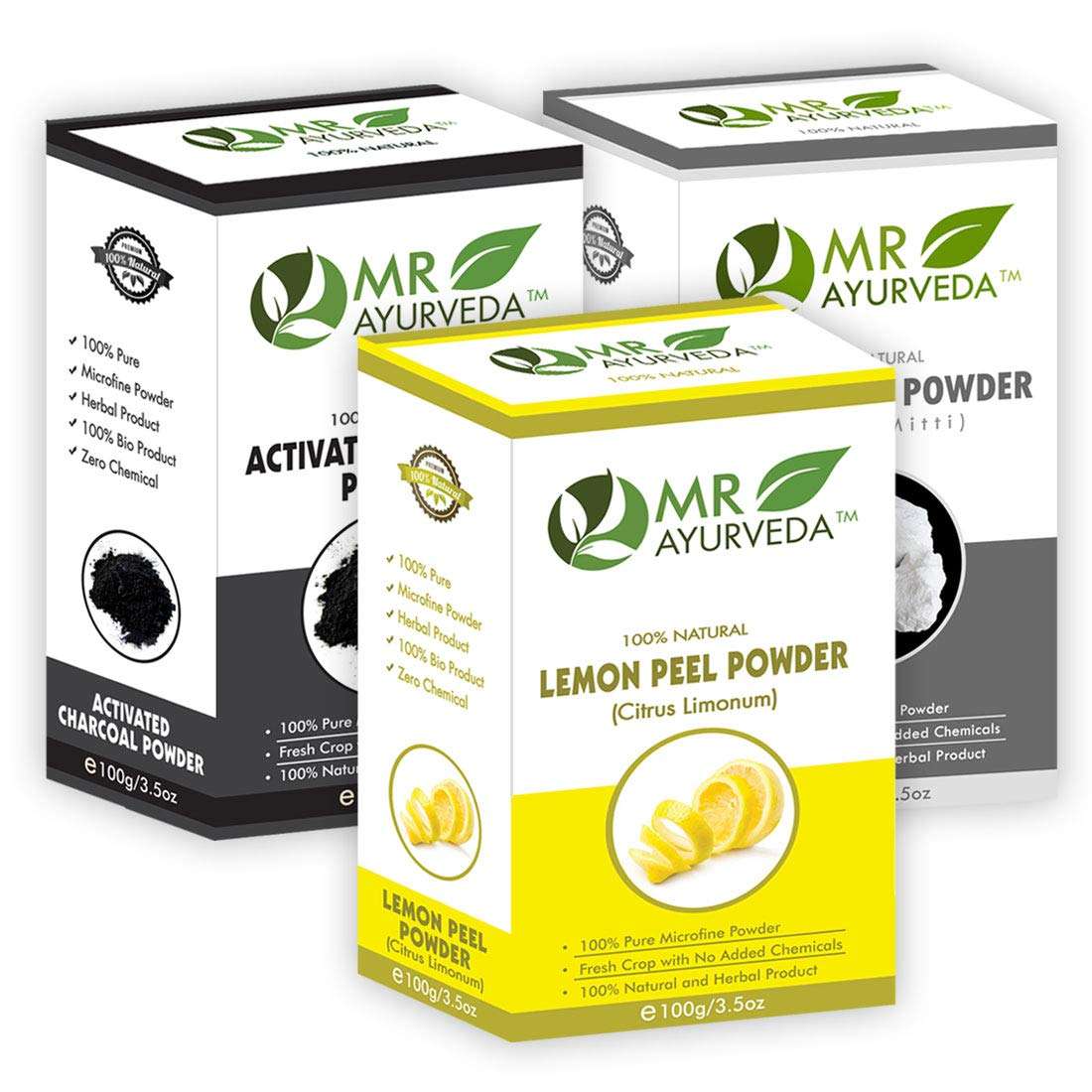 MR Ayurveda 100% Natural Kaolin Clay Powder, Lemon Peel Powder & Activated Charcoal Powder - Set of 3 (100 Grams Each) 1