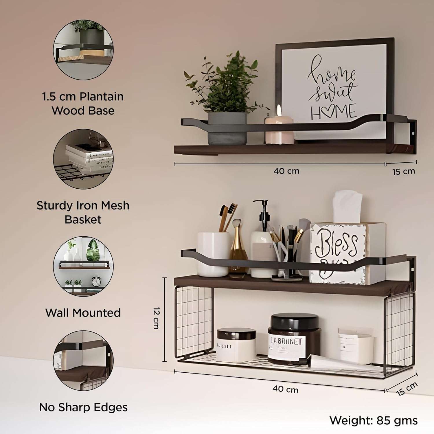 Kuber Industries Floating Shelves (2pcs) with One Wire Storage Basket | Wooden Floating Wall Shelf| Wall Mount| Wall Rack| Wall Bracket for Home and Office Decor | Big Mounted Cabinets | BW0388 3