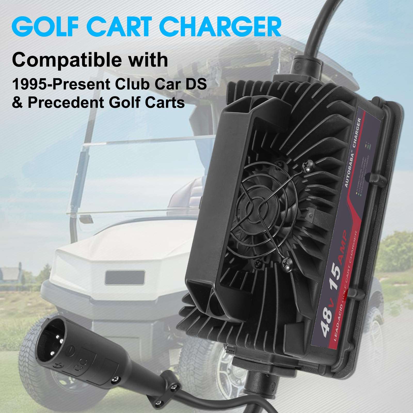 AUTOBABA 48 Volts 15 AMP Golf Club Car Battery Charger 3-Pin Round Style Plug Charger Compatible with 1995-Present DS & Precedent Club Carts (Lead Acid) 2