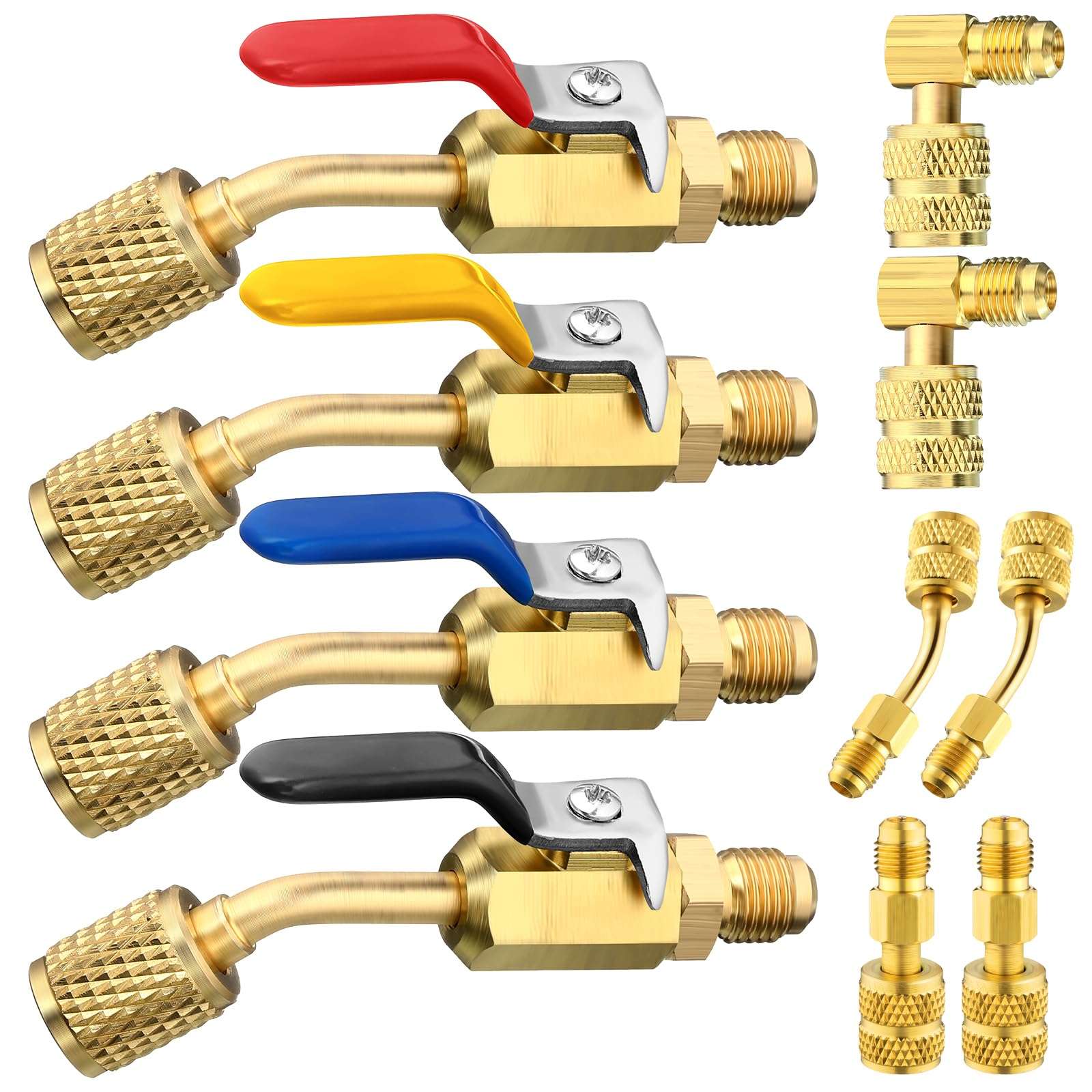 Mudder 10 Pcs Air Conditioning Refrigerant Compact Ball Valve 1/4 Inch Compatible with HVAC Adapter R410A R134A R12 R22 5/16inch Female to 1/4inch Male Flare (4 Angle Ball Valve, 6 Adapter)